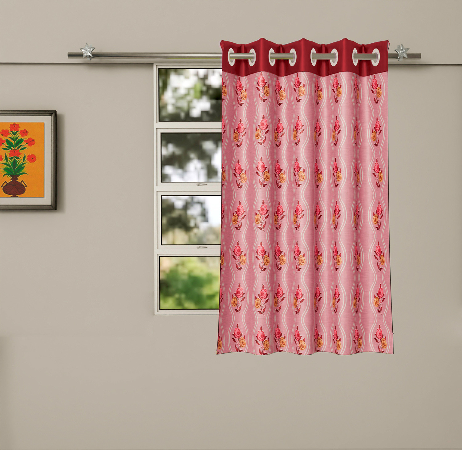 Kuber Industries Polyester Decorative 5 Feet Window Curtain | Rose Print Darkening Blackout | Drapes Curtain With 8 Eyelet For Home & Office (Pink)