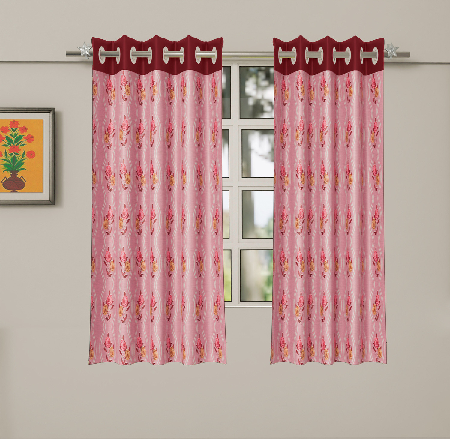 Kuber Industries Polyester Decorative 5 Feet Window Curtain | Rose Print Darkening Blackout | Drapes Curtain With 8 Eyelet For Home & Office (Pink)