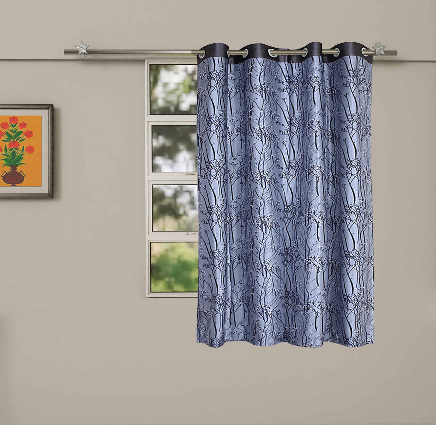 Kuber Industries Polyester Decorative 5 Feet Window Curtain|Tree Branches Print Darkening Blackout|Drapes Curatin With 8 Eyelet For Home & Office (Gray)