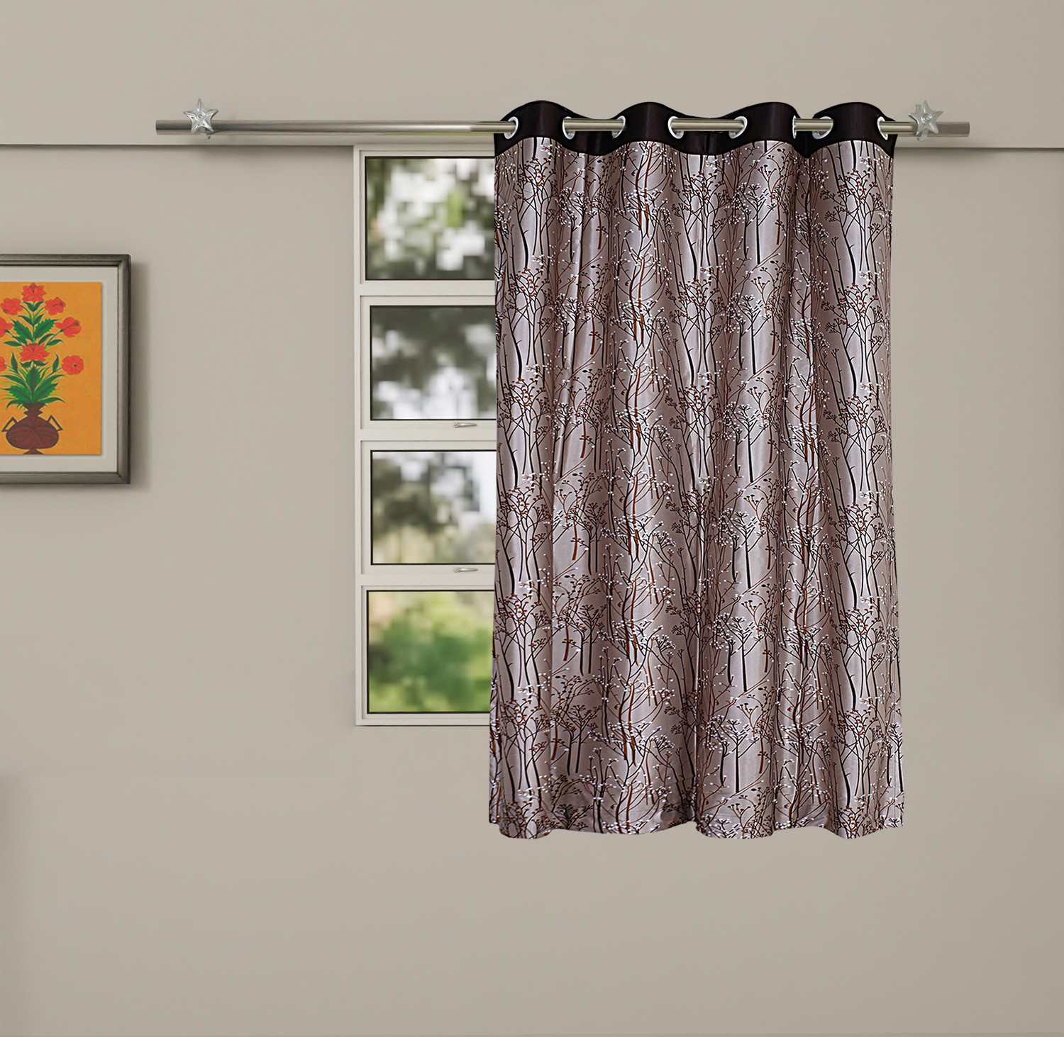 Kuber Industries Polyester Decorative 5 Feet Window Curtain|Tree Branches Print Darkening Blackout|Drapes Curatin With 8 Eyelet For Home & Office (Coffee)
