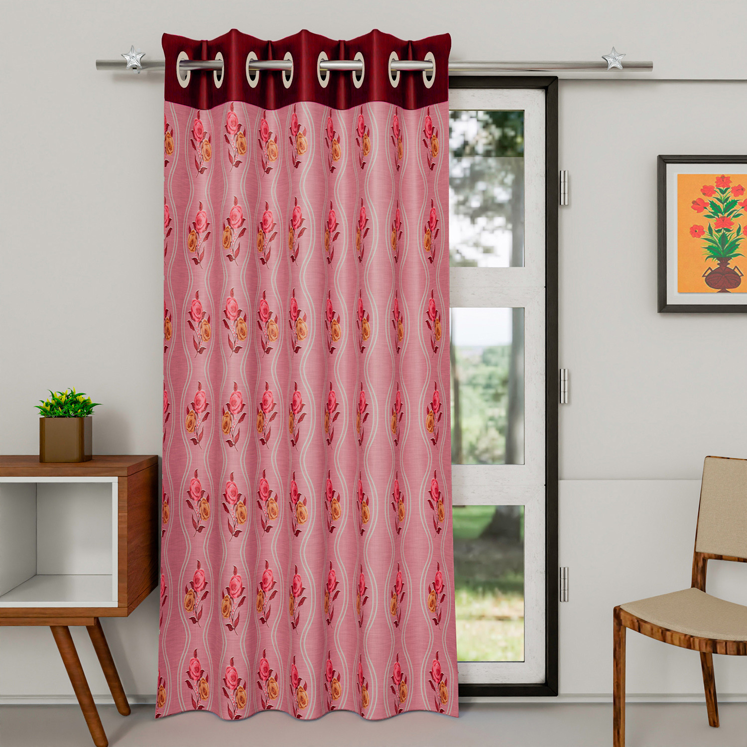 Kuber Industries Polyester Decorative 7 Feet Door Curtain | Rose Print Blackout Drapes Curtain With 8 Eyelet For Home & Office (Pink)