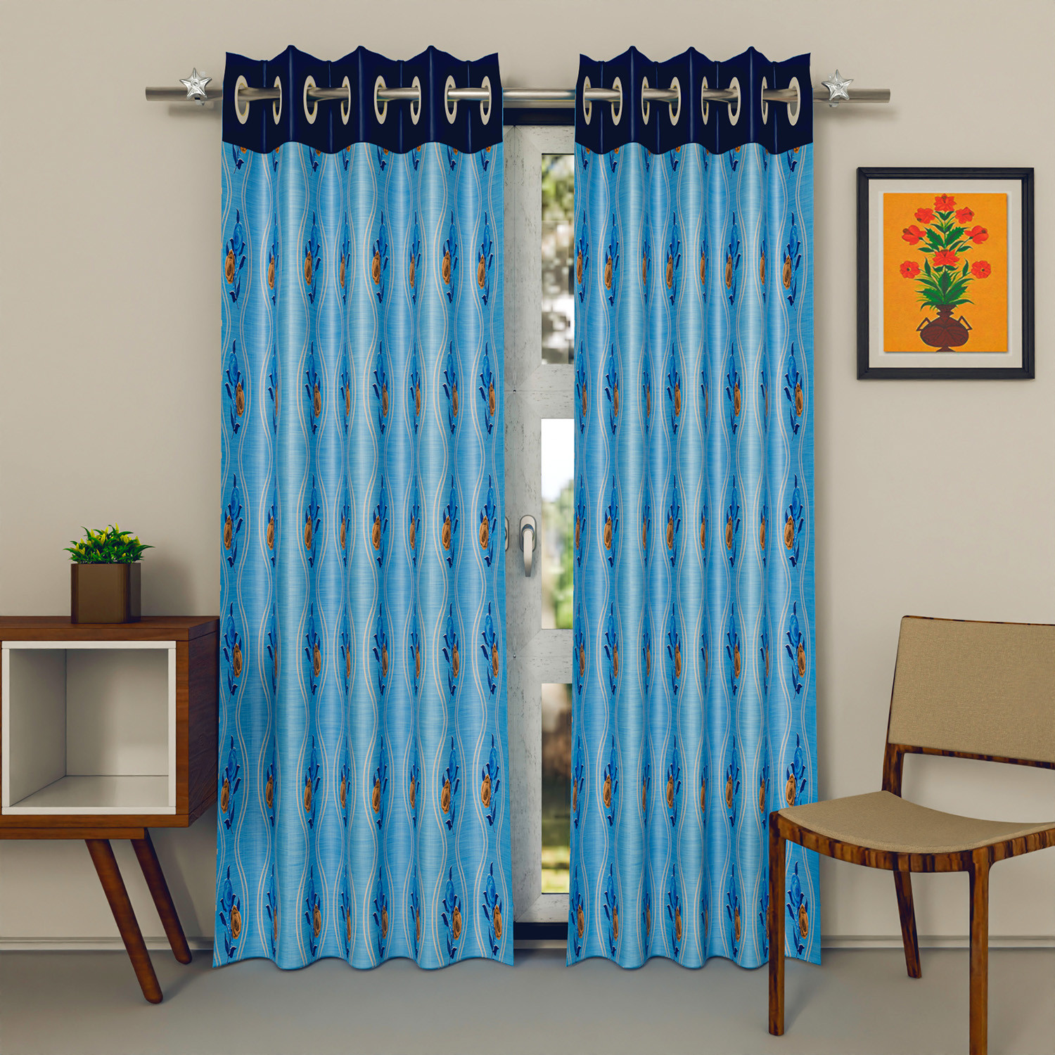 Kuber Industries Polyester Decorative 7 Feet Door Curtain | Rose Print Blackout Drapes Curtain With 8 Eyelet For Home & Office (Sky Blue)