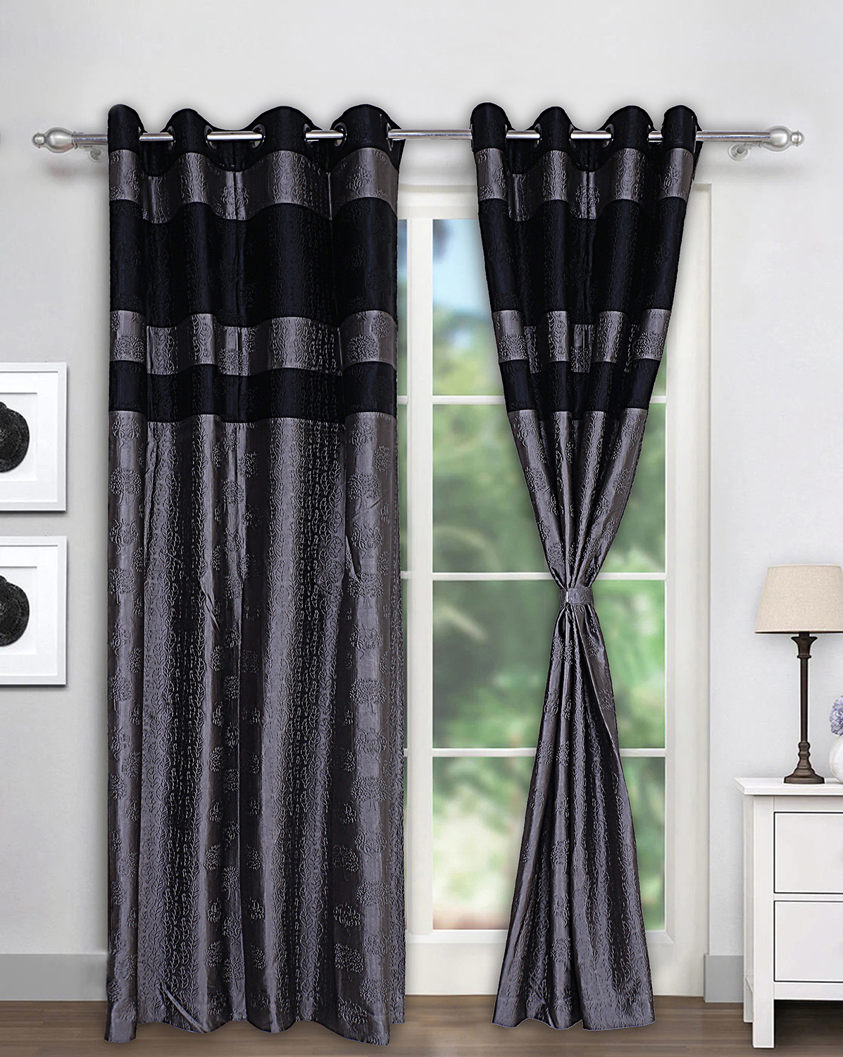 Kuber Industries Polyester Decorative 7 Feet Door Curtain |Embroidered Design Blackout Drapes Curatin With 8 Eyelet For Home & Office (Gray & Black)