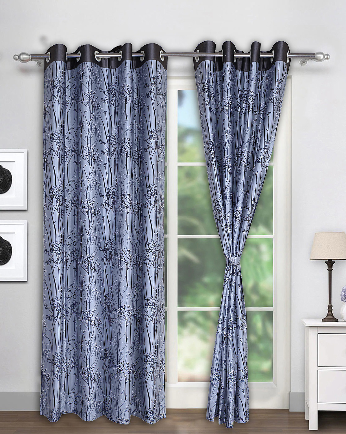 Kuber Industries Polyester Decorative 7 Feet Door Curtain|Tree Branches Print Blackout Drapes Curatin With 8 Eyelet For Home & Office (Gray)