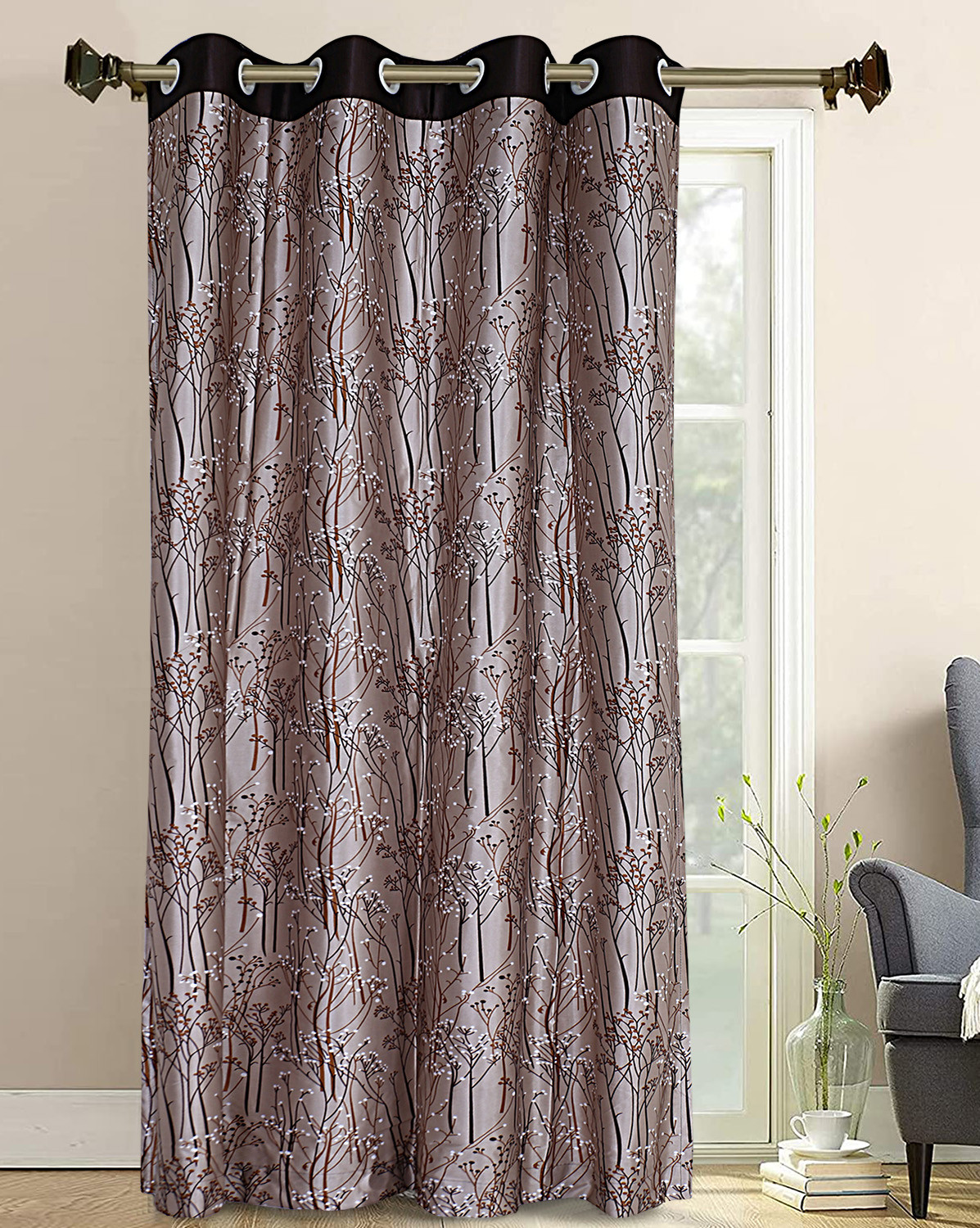 Kuber Industries Polyester Decorative 7 Feet Door Curtain|Tree Branches Print Blackout Drapes Curatin With 8 Eyelet For Home & Office (Coffee)
