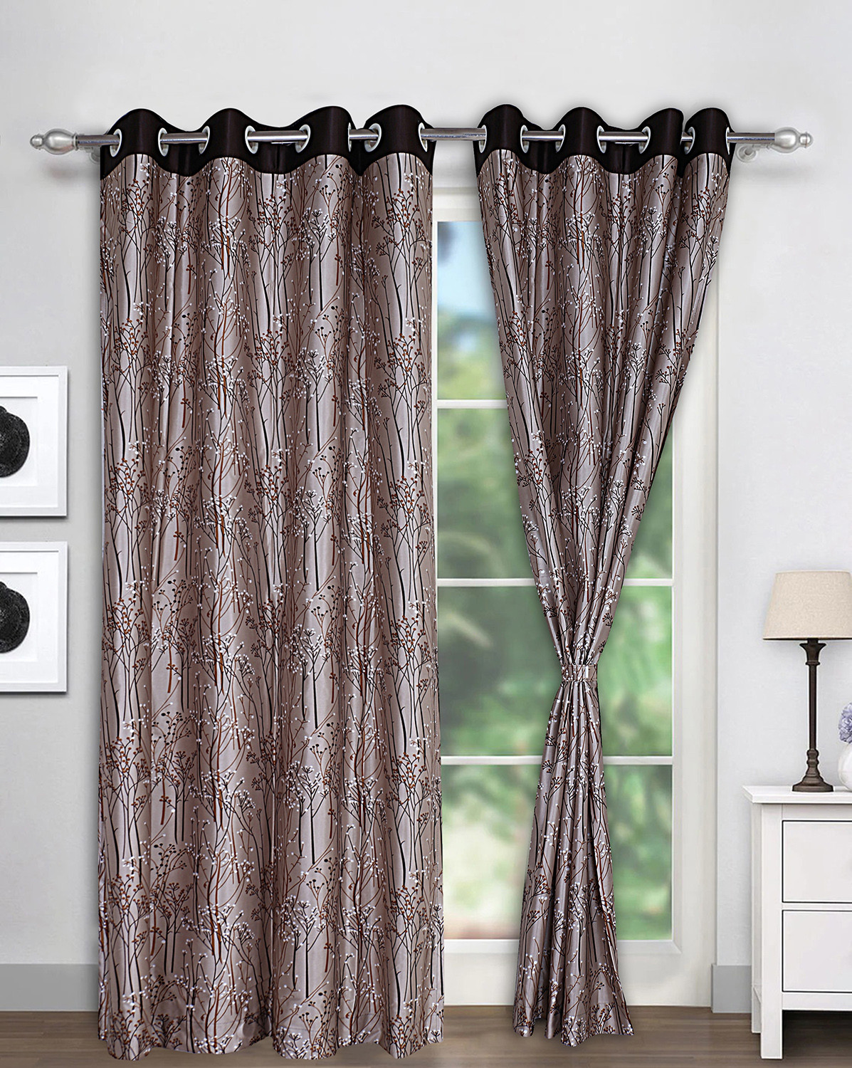 Kuber Industries Polyester Decorative 7 Feet Door Curtain|Tree Branches Print Blackout Drapes Curatin With 8 Eyelet For Home & Office (Coffee)