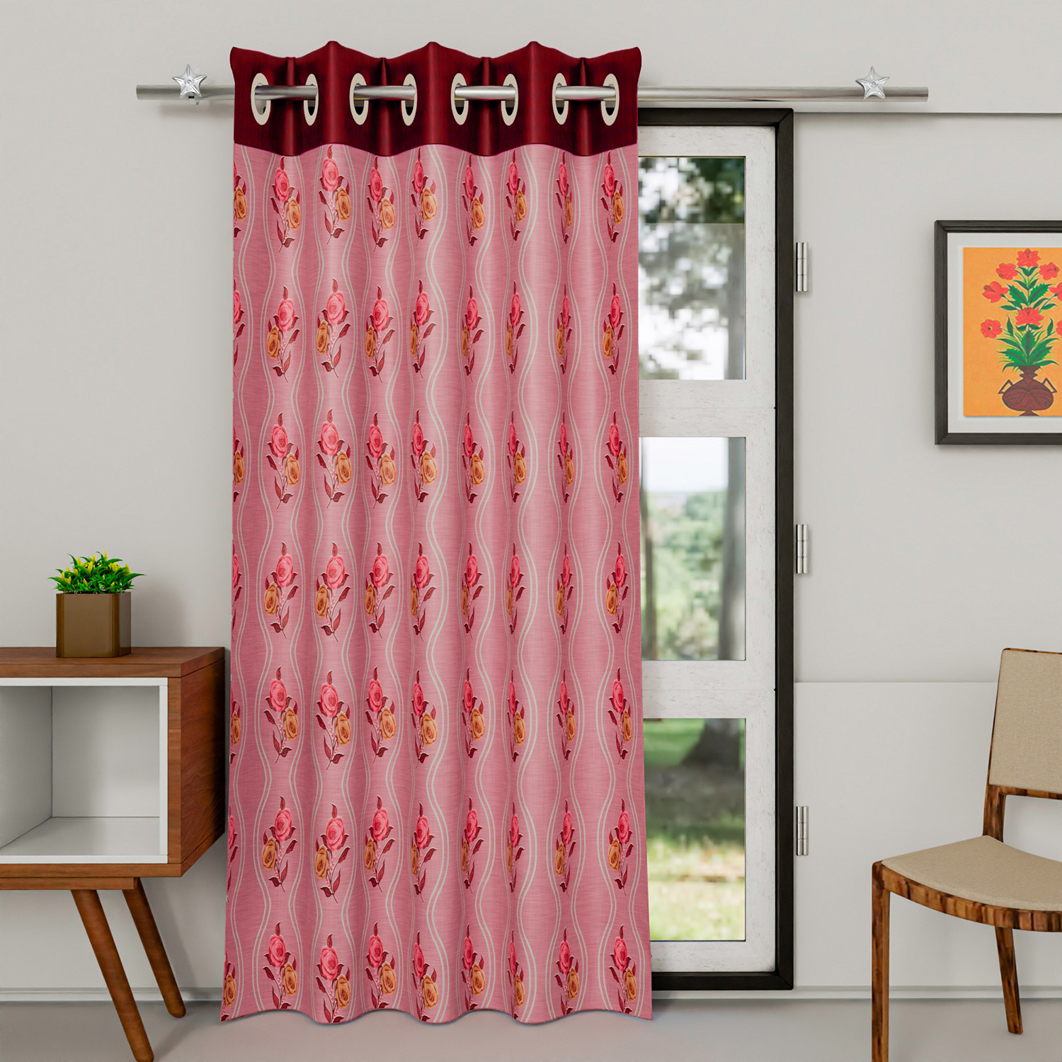 Kuber Industries Polyester Decorative 9 Feet Long Door Curtain | Rose Print Blackout Drapes Curtain With 8 Eyelet For Home & Office (Pink)