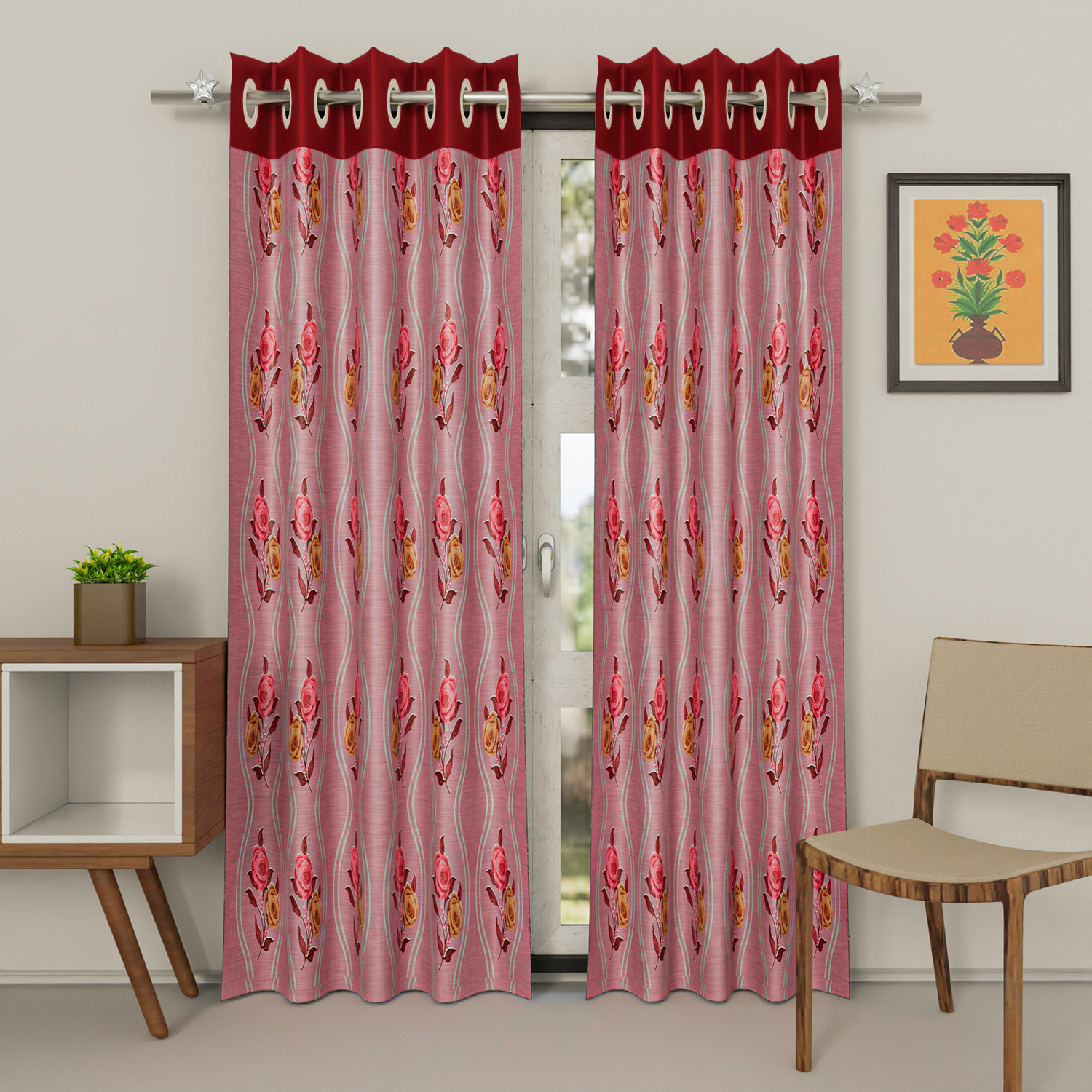 Kuber Industries Polyester Decorative 9 Feet Long Door Curtain | Rose Print Blackout Drapes Curtain With 8 Eyelet For Home & Office (Pink)