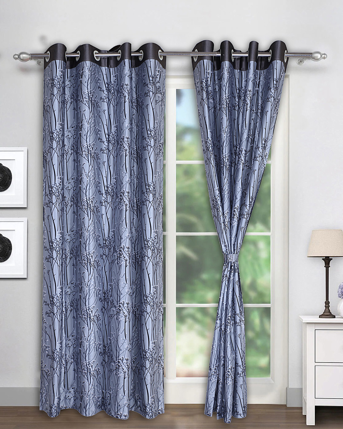 Kuber Industries Polyester Decorative 9 Feet Long Door Curtain|Tree Branches Print Blackout Drapes Curatin With 8 Eyelet For Home & Office (Gray)