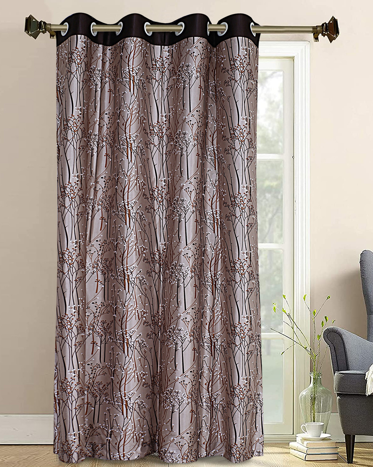 Kuber Industries Polyester Decorative 9 Feet Long Door Curtain|Tree Branches Print Blackout Drapes Curatin With 8 Eyelet For Home & Office (Coffee)