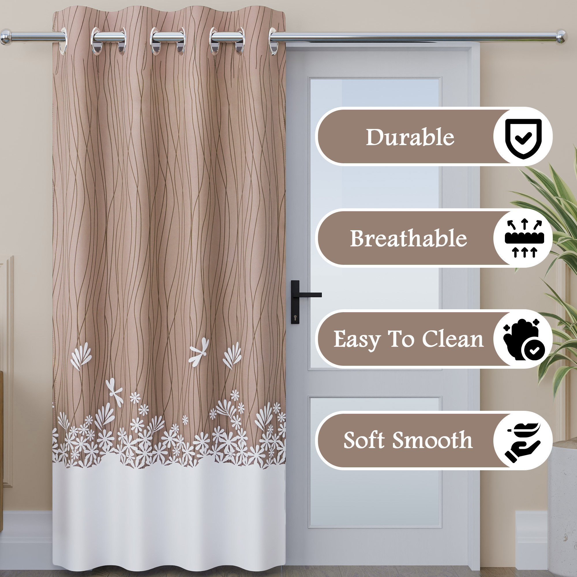 Kuber Industries Polyester Door Curtains 7 Feet  Aesthetic Curtains for Bedroom and Living Room Decoration  Kitchen and Room Parda  Digital Lining - Cream Brown