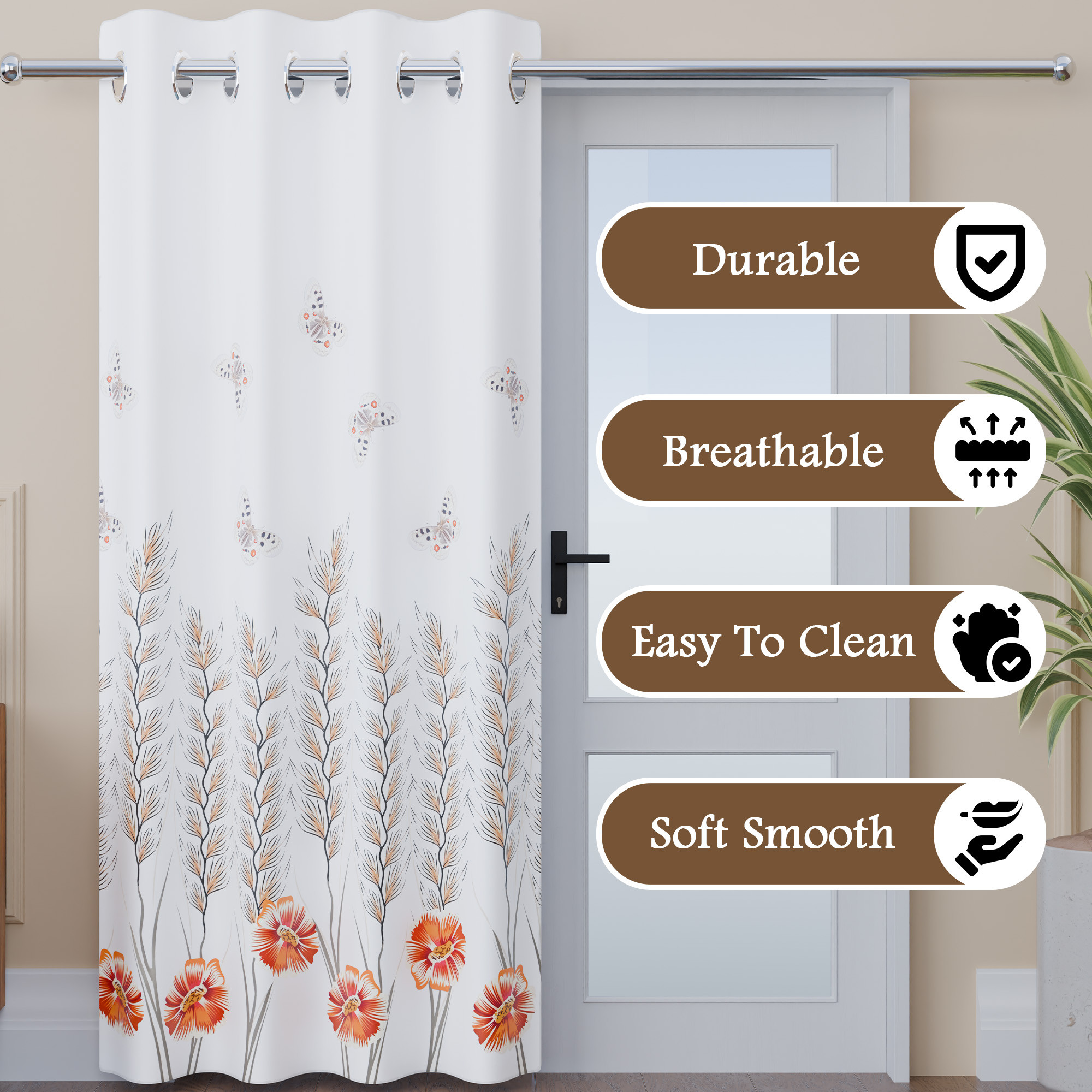 Kuber Industries Polyester Door Curtains 7 Feet Long  Aesthetic Curtains for Bedroom and Living Room Decoration  Kitchen and Room Parda  Digital Butterfly - White