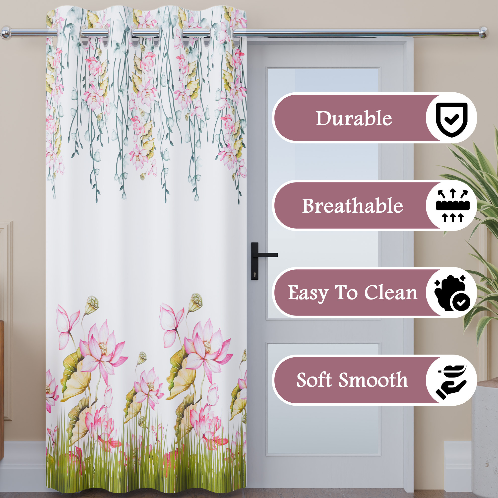 Kuber Industries Polyester Door Curtains 7 Feet Long  Aesthetic Curtains for Bedroom and Living Room Decoration  Kitchen and Room Parda  Digital Lotus Flower - White