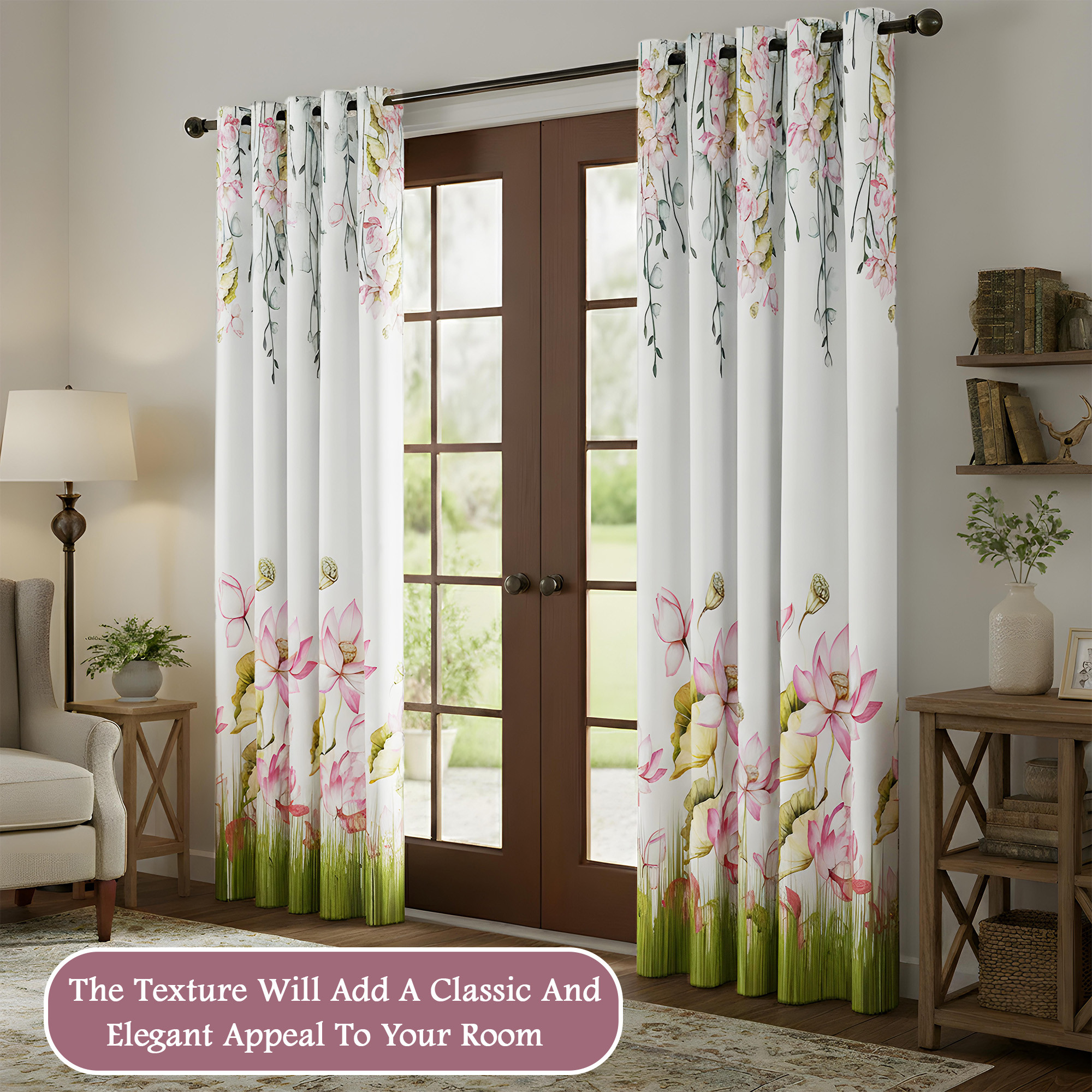 Kuber Industries Polyester Door Curtains 7 Feet Long  Aesthetic Curtains for Bedroom and Living Room Decoration  Kitchen and Room Parda  Digital Lotus Flower - White