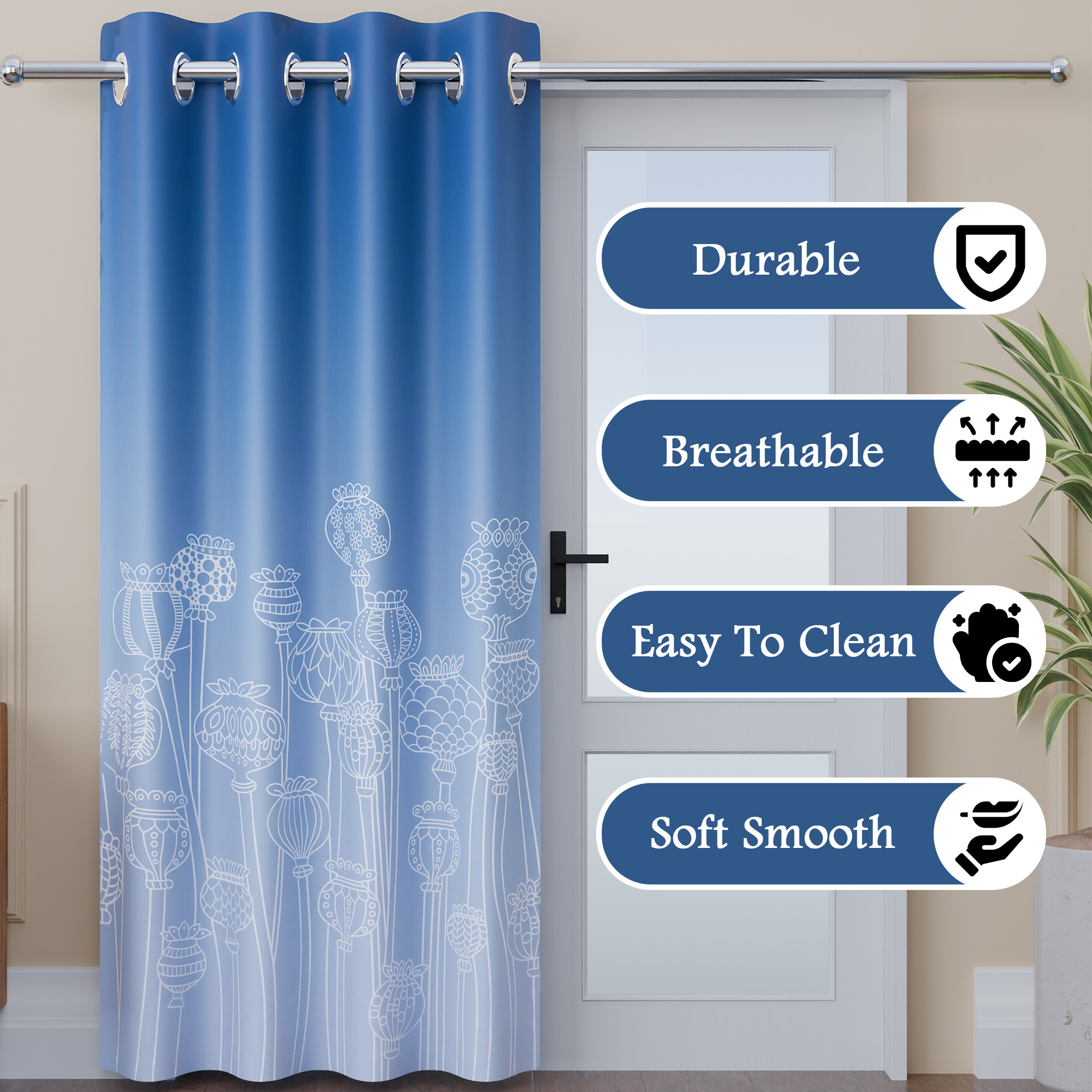 Kuber Industries Polyester Door Curtains 7 Feet Long  Aesthetic Curtains for Bedroom and Living Room Decoration  Kitchen and Room Parda  Digital Matki Flower - Blue