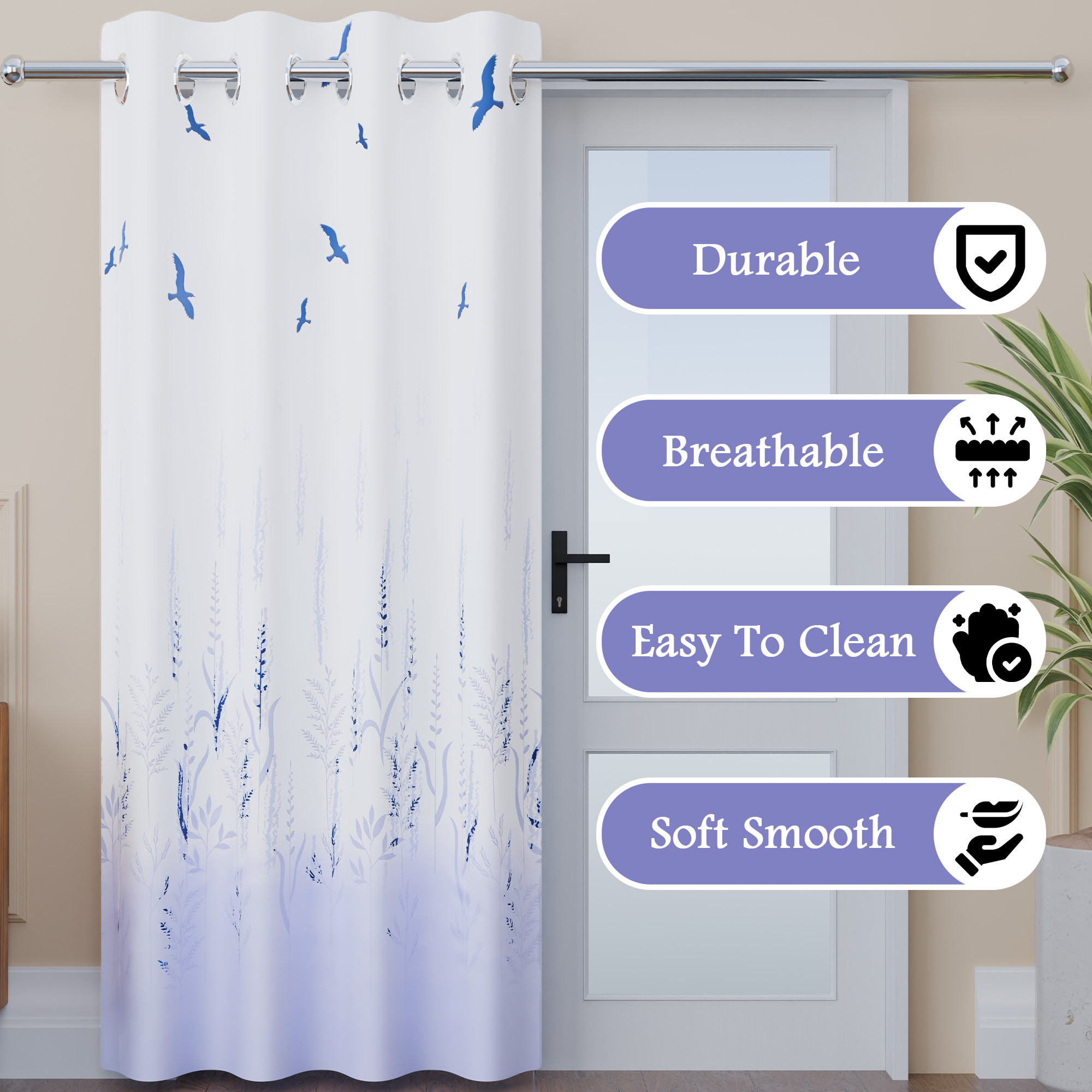 Kuber Industries Polyester Door Curtains 7 Feet Long  Aesthetic Curtains for Bedroom and Living Room Decoration  Kitchen and Room Parda  Digital Birds - White  Grey