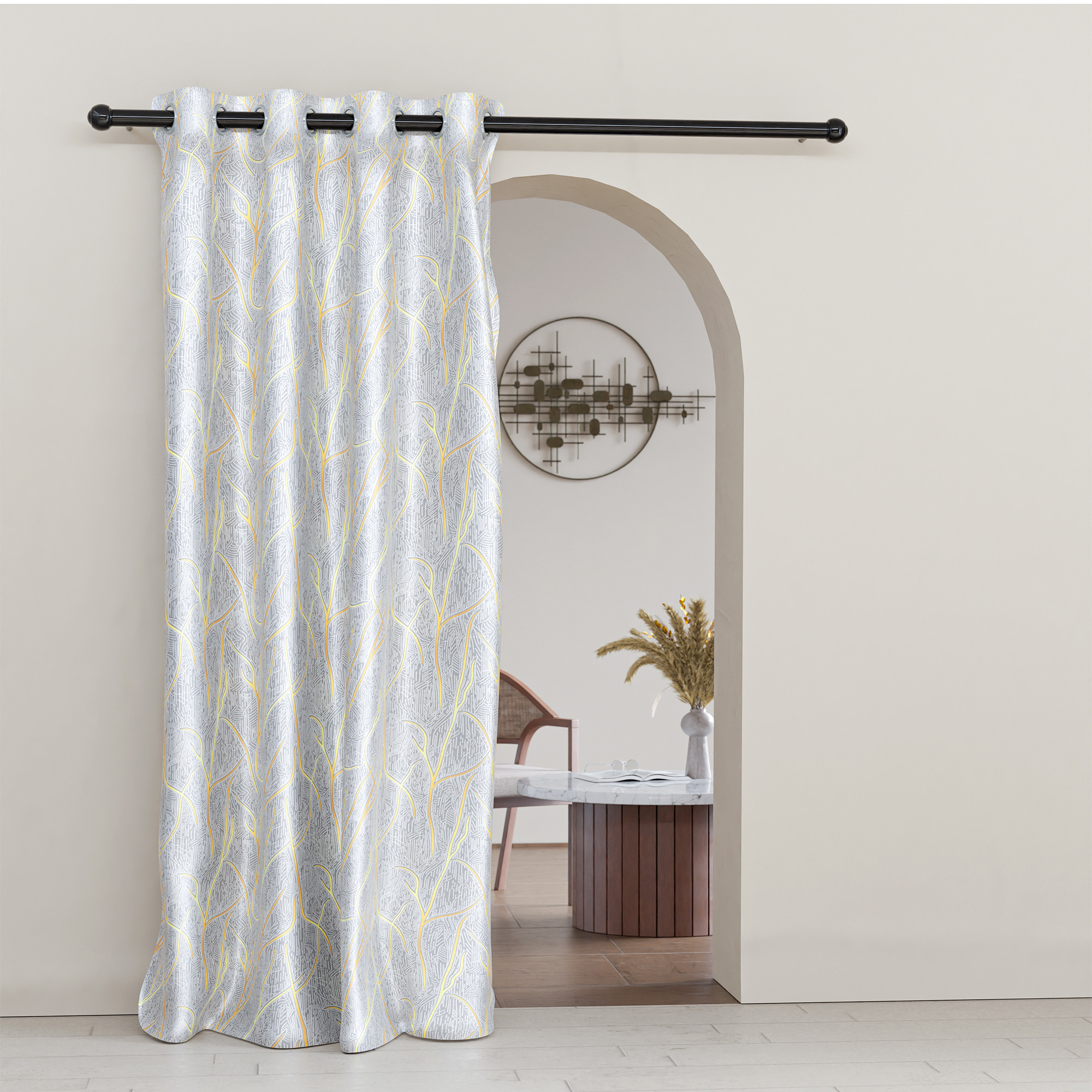 Kuber Industries Polyester Door Curtains 7 Feet Long  Aesthetic Curtains for Bedroom and Living Room Decoration  Kitchen and Room Parda  Digital Branches - Grey  Golden