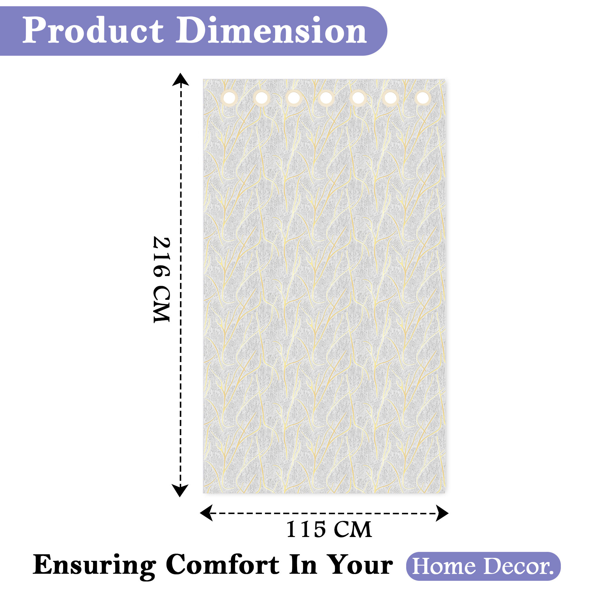 Kuber Industries Polyester Door Curtains 7 Feet Long  Aesthetic Curtains for Bedroom and Living Room Decoration  Kitchen and Room Parda  Digital Branches - Grey  Golden