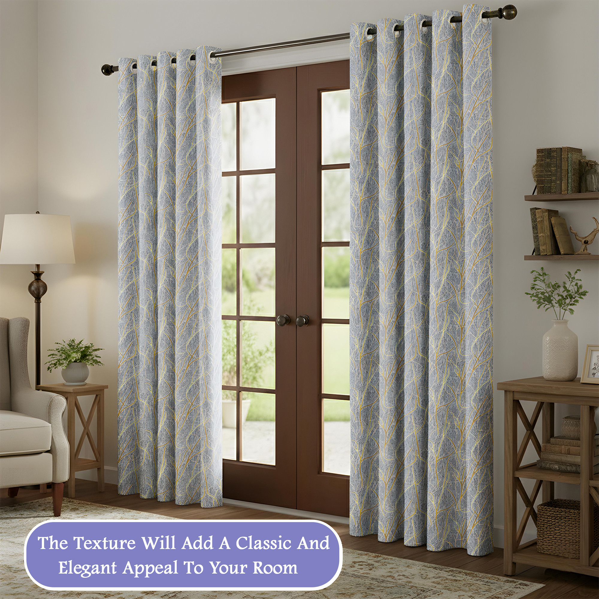 Kuber Industries Polyester Door Curtains 7 Feet Long  Aesthetic Curtains for Bedroom and Living Room Decoration  Kitchen and Room Parda  Digital Branches - Grey  Golden