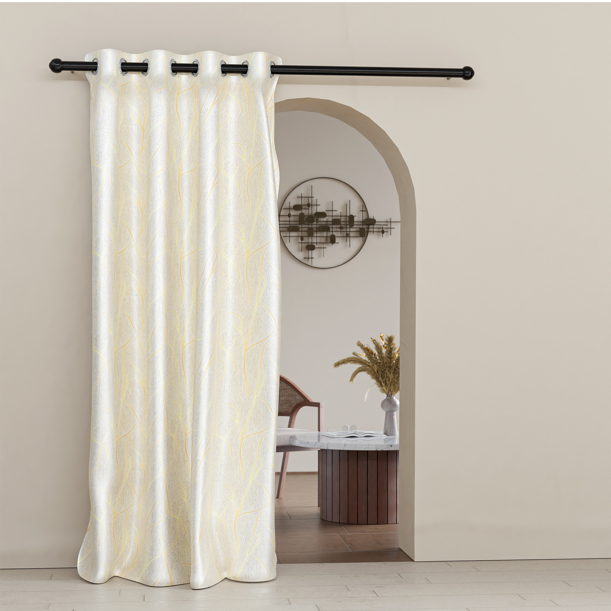 Kuber Industries Polyester Door Curtains 7 Feet Long  Aesthetic Curtains for Bedroom and Living Room Decoration  Kitchen and Room Parda  Digital Branches - Cream  Golden
