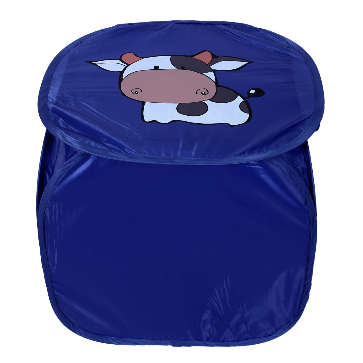 Kuber Industries Polyester Durable & Collapsible Cow Print Square Laundry Basket|Clothes Storage Box With Lid & Side Handles,45 Ltr.(Navy Blue)