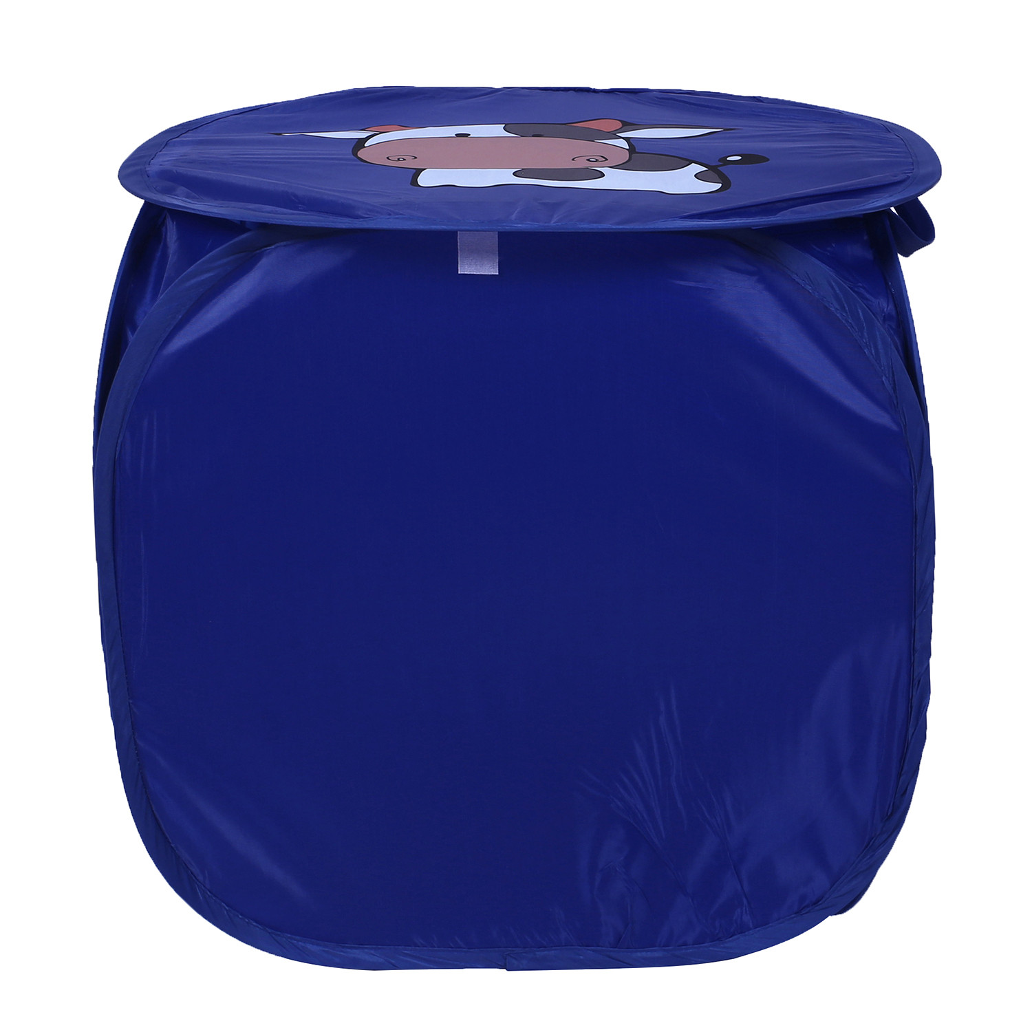 Kuber Industries Polyester Durable & Collapsible Cow Print Square Laundry Basket|Clothes Storage Box With Lid & Side Handles,45 Ltr.(Navy Blue)