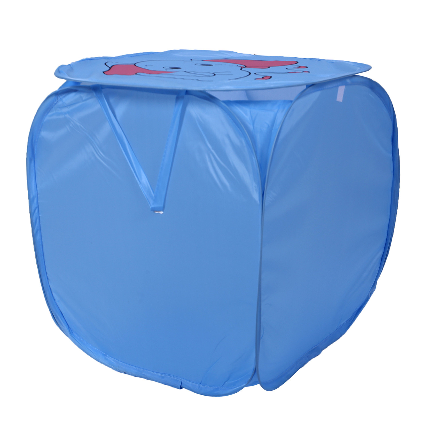 Kuber Industries Polyester Durable & Collapsible Elephant Print Square Laundry Basket|Clothes Storage Box With Lid & Side Handles,45 Ltr.(Sky Blue)