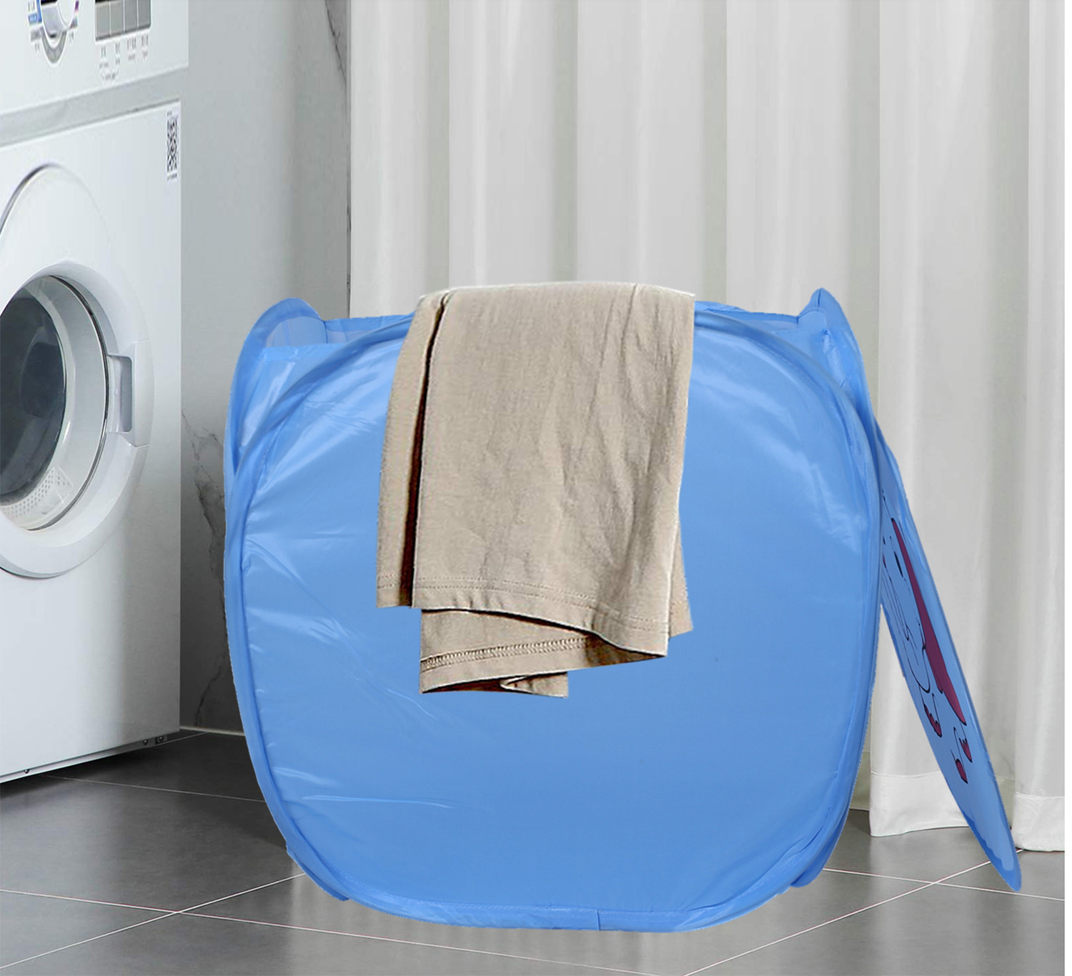 Kuber Industries Polyester Durable & Collapsible Elephant Print Square Laundry Basket|Clothes Storage Box With Lid & Side Handles,45 Ltr.(Sky Blue)