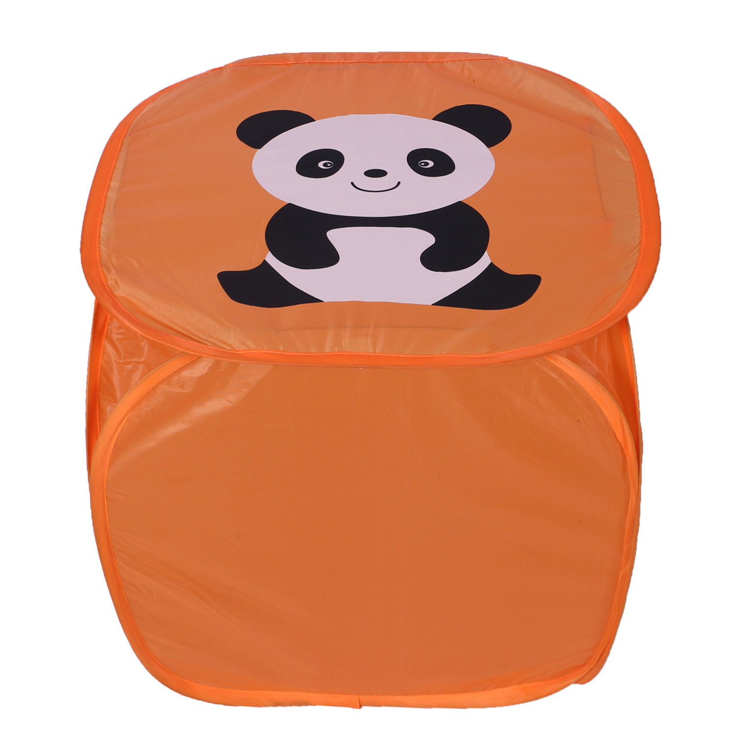 Kuber Industries Polyester Durable & Collapsible Panda Print Square Laundry Basket|Clothes Storage Box With Lid & Side Handles,45 Ltr.(Orange)