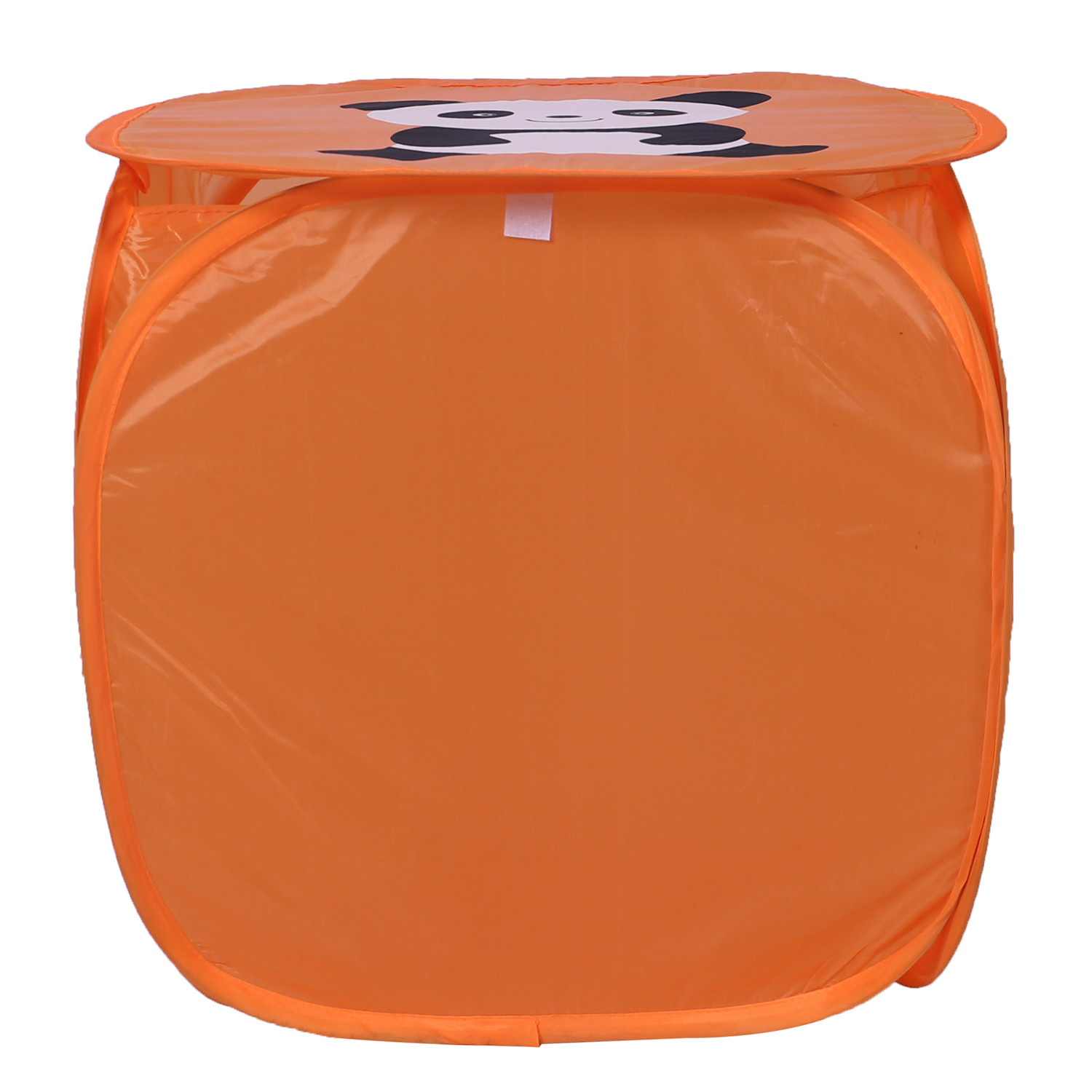 Kuber Industries Polyester Durable & Collapsible Panda Print Square Laundry Basket|Clothes Storage Box With Lid & Side Handles,45 Ltr.(Orange)