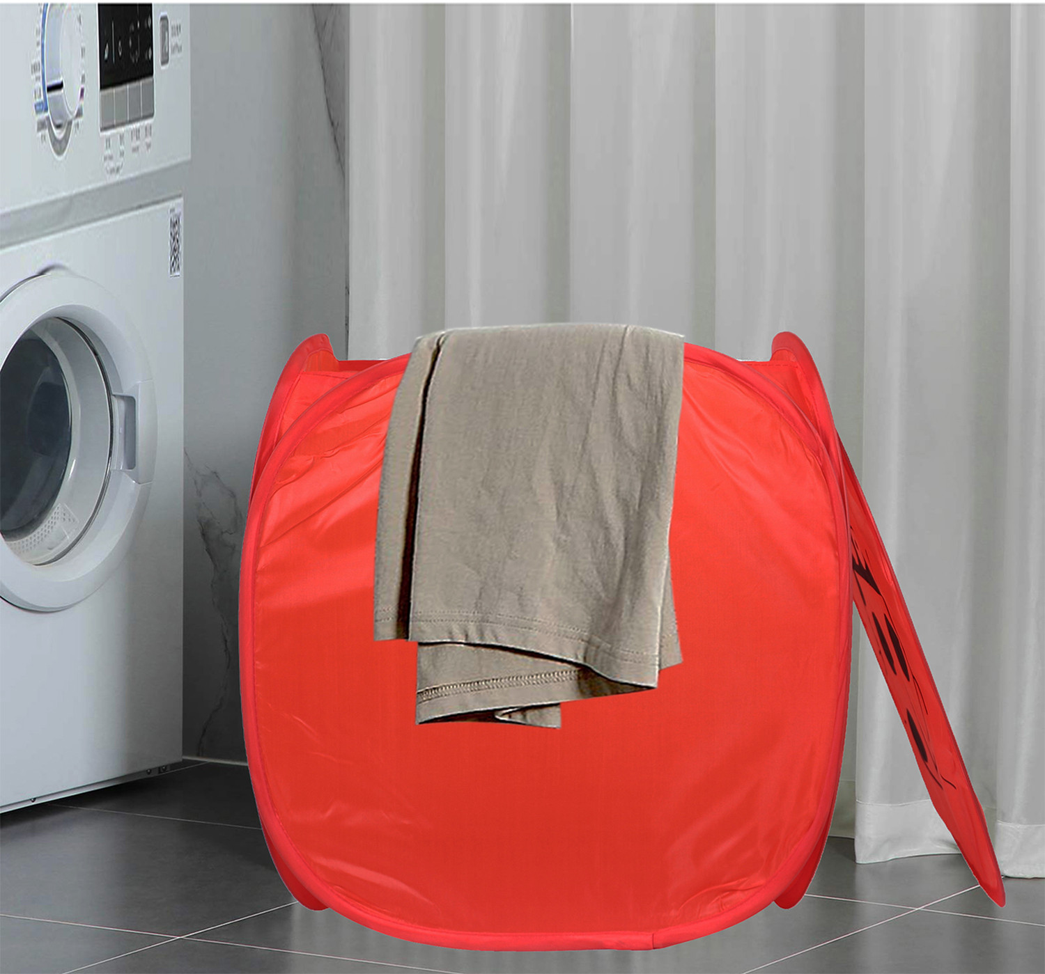 Kuber Industries Polyester Durable & Collapsible Square Laundry Basket|Clothes Storage Box With Lid & Side Handles,45 Ltr.(Red)