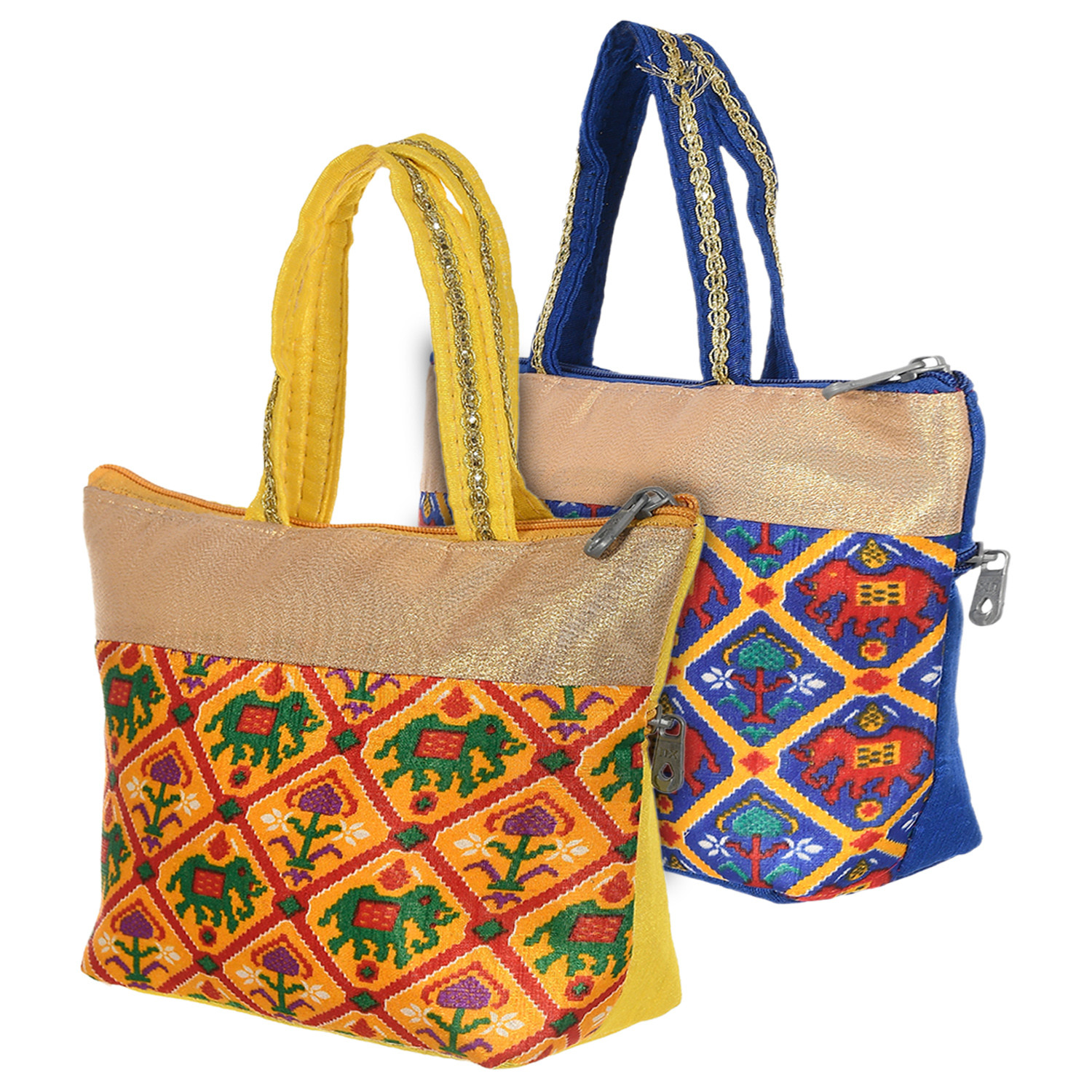 Kuber Industries Polyester Elephant Print Hand Bag For Women/Girls With Handle Pack of 2 (Blue & Yellow) 54KM4037