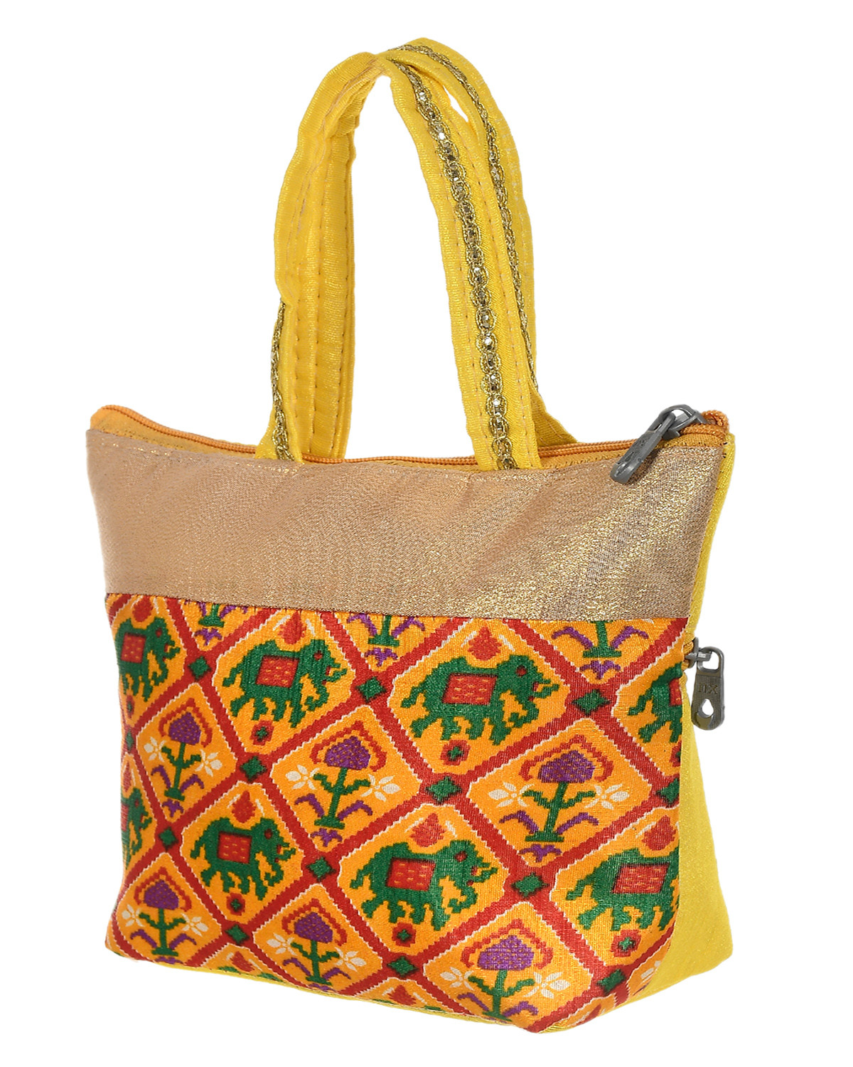 Kuber Industries Polyester Elephant Print Hand Bag For Women/Girls With Handle (Yellow) 54KM4035