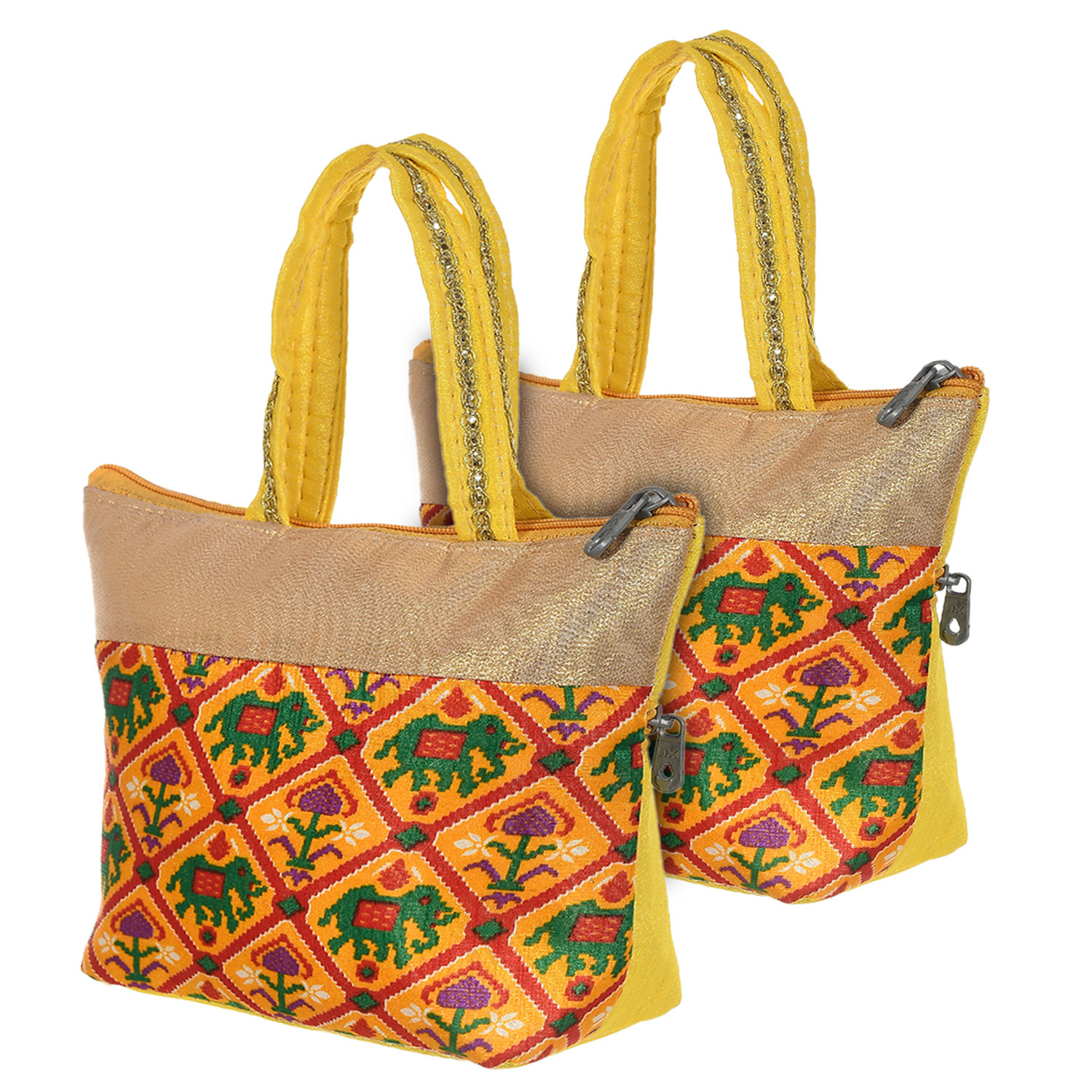 Kuber Industries Polyester Elephant Print Hand Bag For Women/Girls With Handle (Yellow) 54KM4035