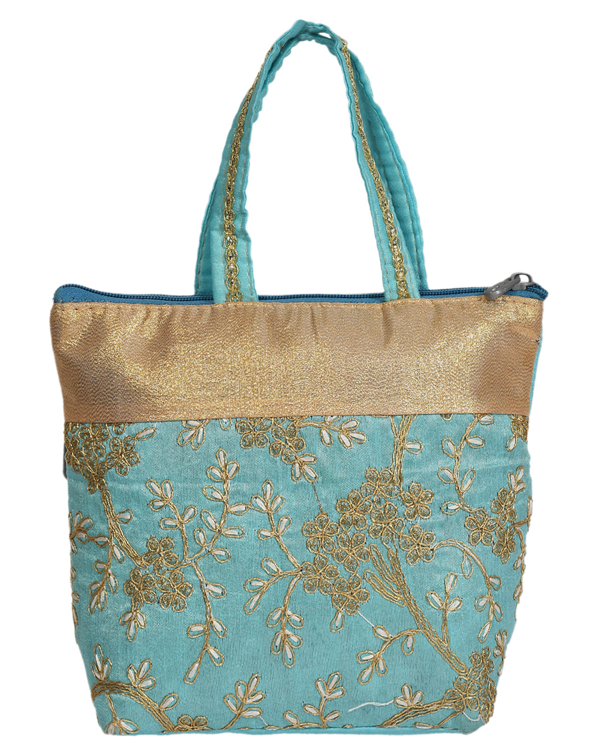 Kuber Industries Polyester Embroidery Design Hand Bag For Women/Girls With Handle (Blue) 54KM4030