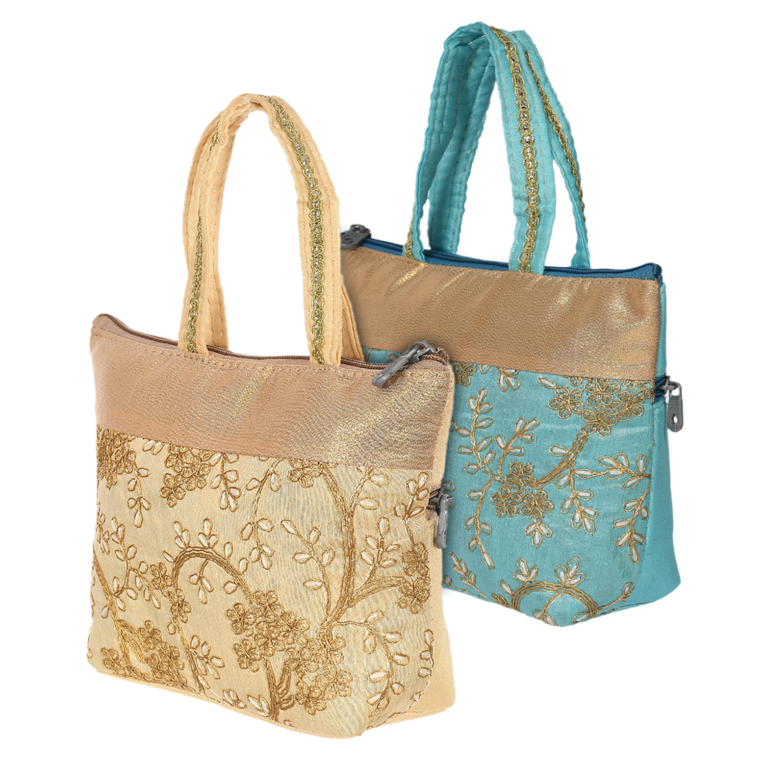 Kuber Industries Polyester Embroidery Design Hand Bag For Women/Girls With Handle Pack of 2 (Cream & Blue) 54KM4032