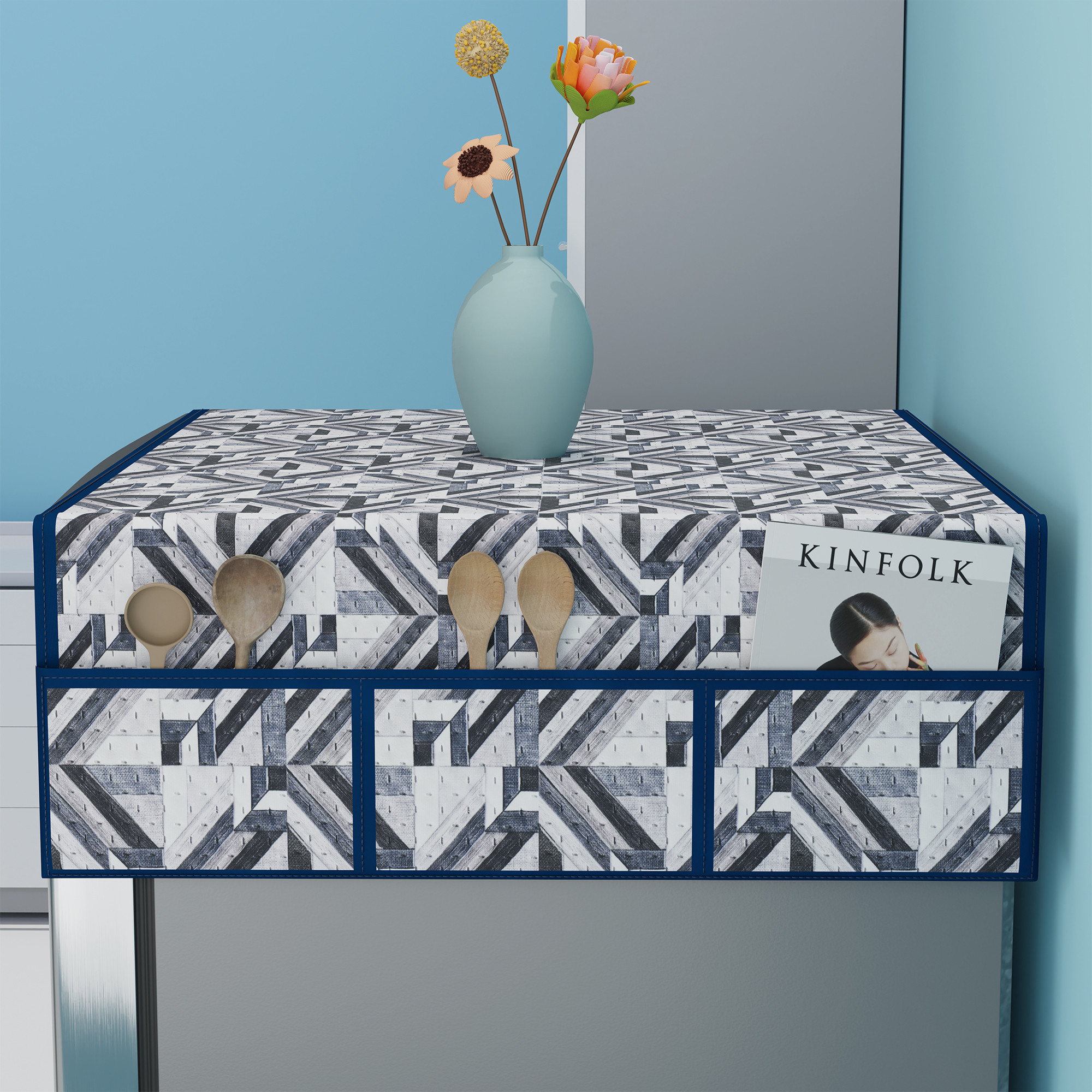 Kuber Industries Polyester Fridge Cover Top Single door with 6 Utility Side Pockets for Kitchen Accessories  Decorative Refrigerator Top Covers  Lining Check Ultra Sonic Quilted - Grey