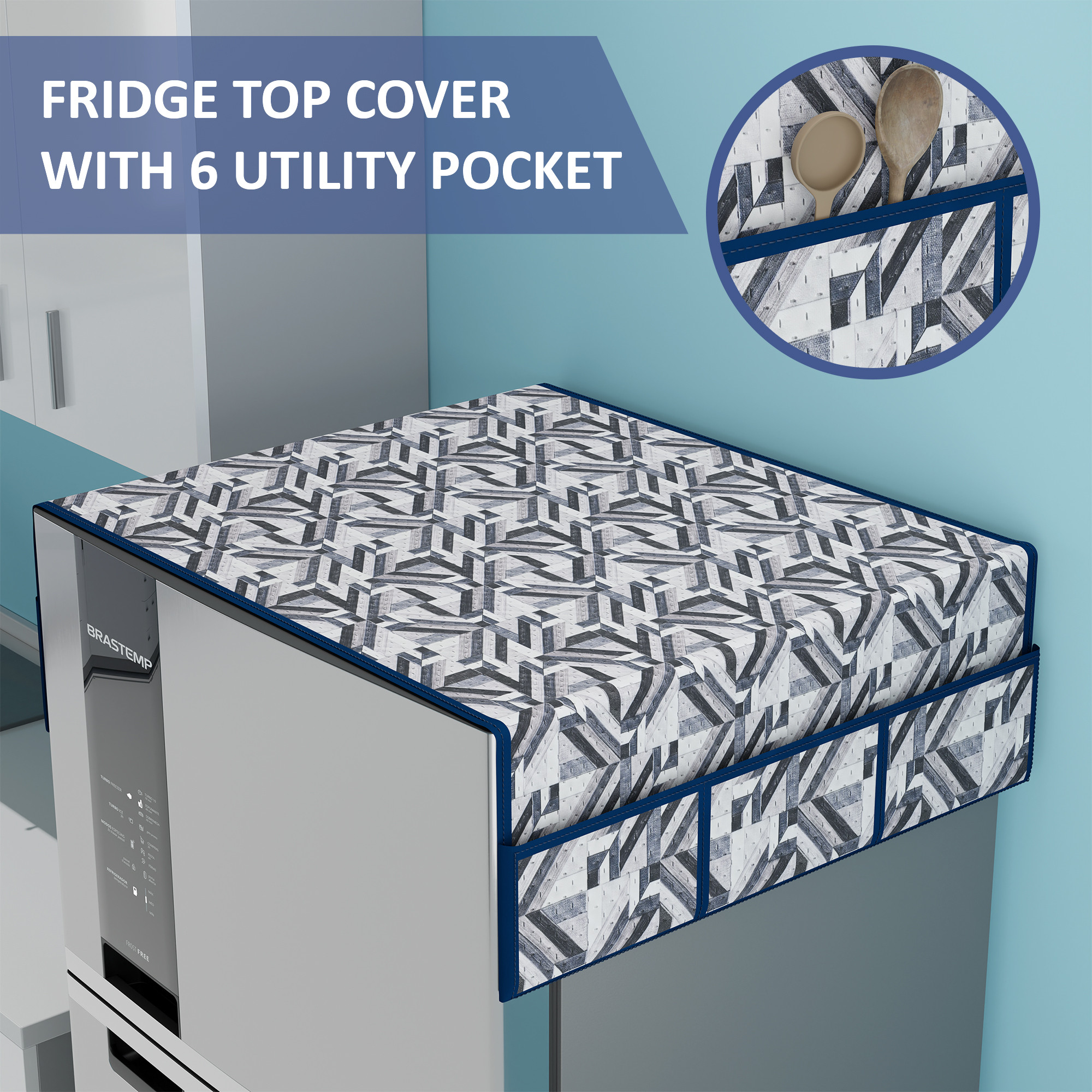 Kuber Industries Polyester Fridge Cover Top Single door with 6 Utility Side Pockets for Kitchen Accessories  Decorative Refrigerator Top Covers  Lining Check Ultra Sonic Quilted - Grey