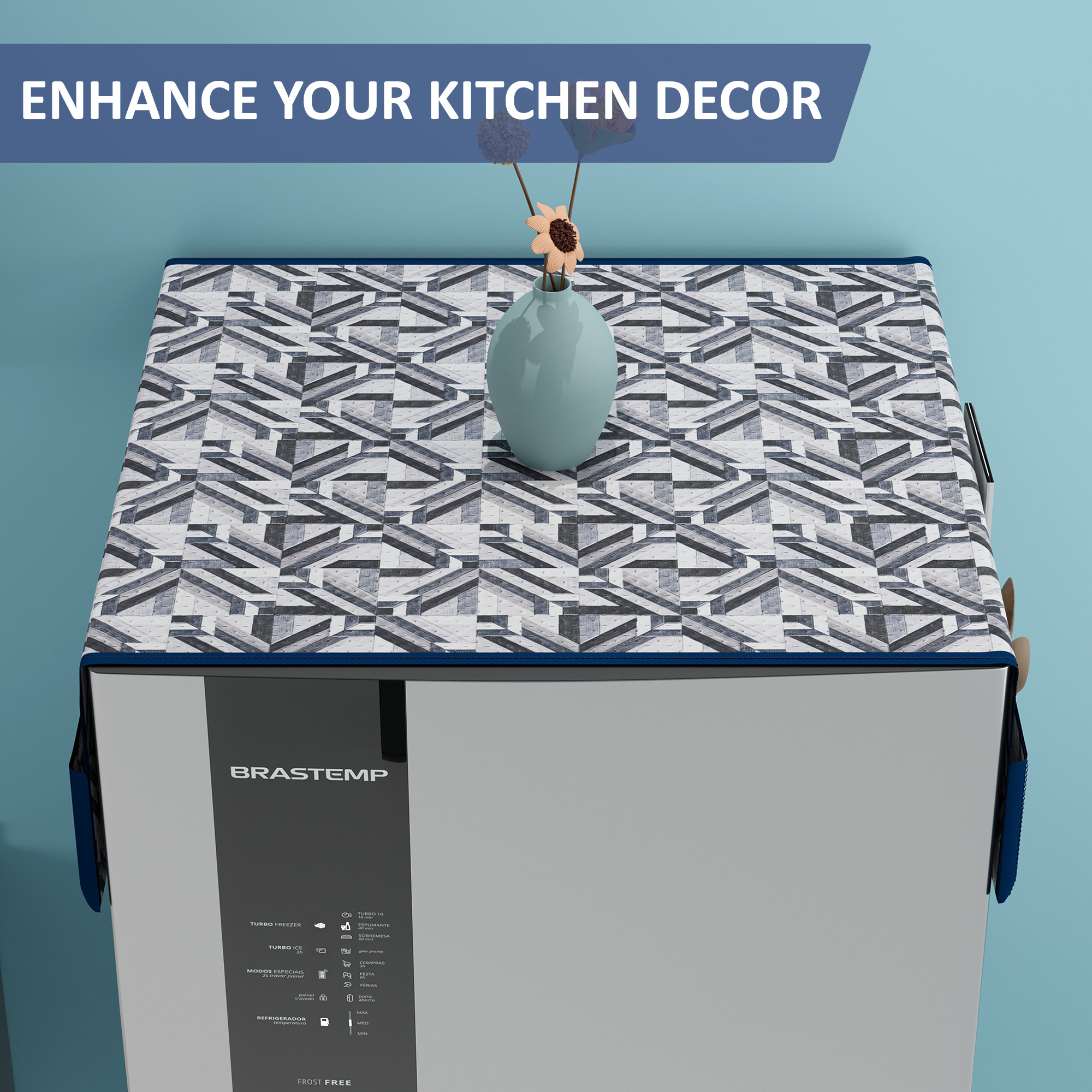 Kuber Industries Polyester Fridge Cover Top Single door with 6 Utility Side Pockets for Kitchen Accessories  Decorative Refrigerator Top Covers  Lining Check Ultra Sonic Quilted - Grey