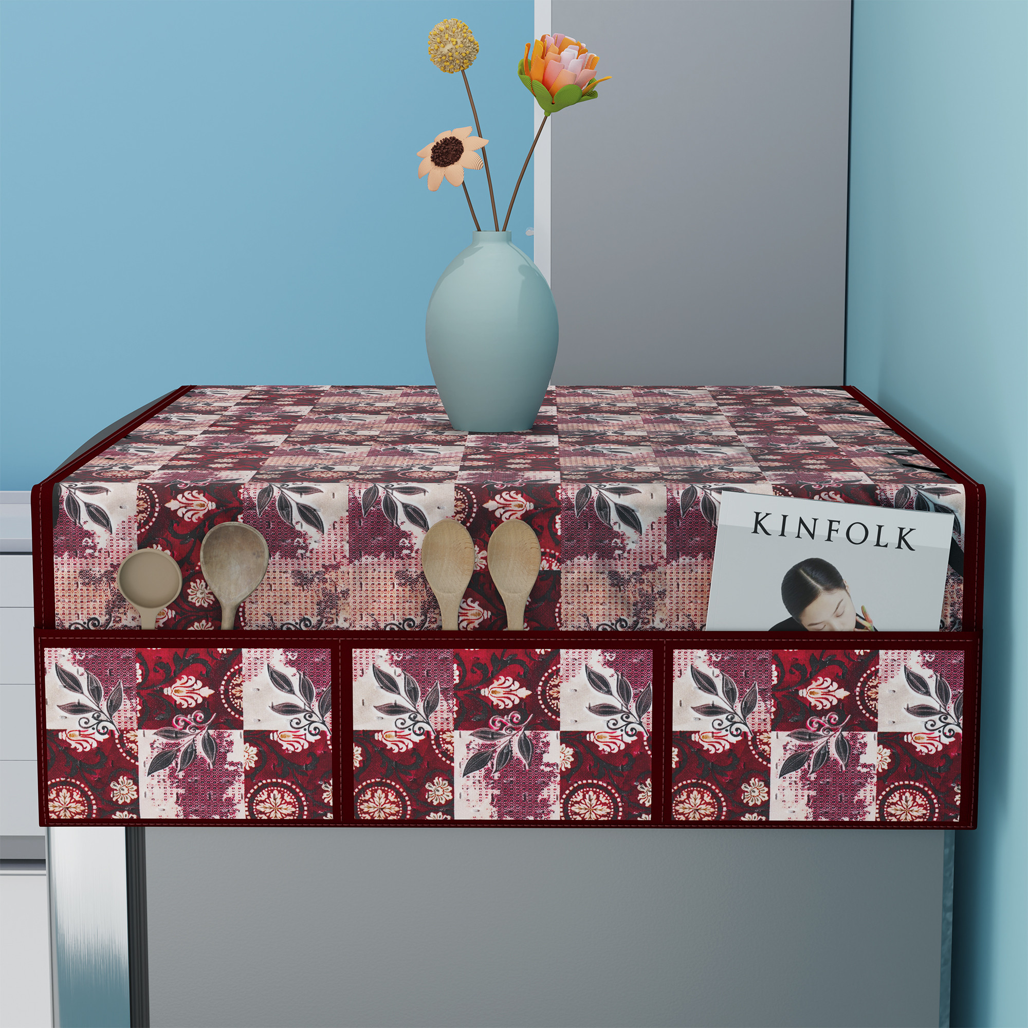 Kuber Industries Polyester Fridge Cover Top Single door with 6 Utility Side Pockets for Kitchen Accessories  Decorative Refrigerator Top Covers  Flower Check Ultra Sonic Quilted - Maroon