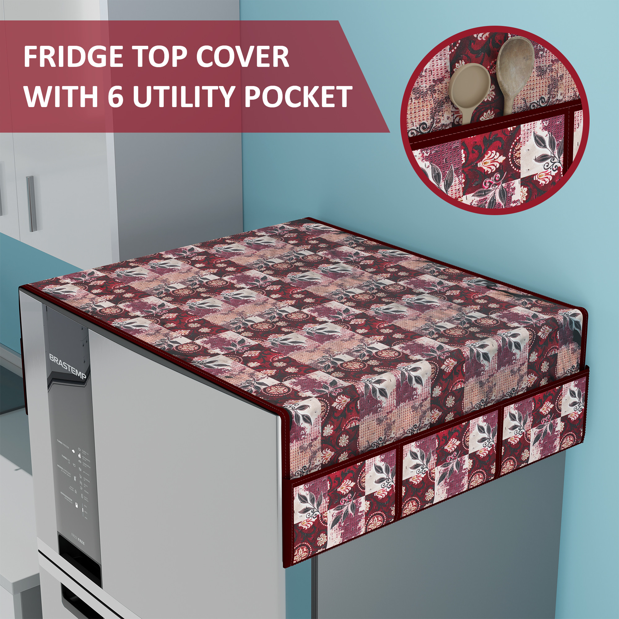 Kuber Industries Polyester Fridge Cover Top Single door with 6 Utility Side Pockets for Kitchen Accessories  Decorative Refrigerator Top Covers  Flower Check Ultra Sonic Quilted - Maroon