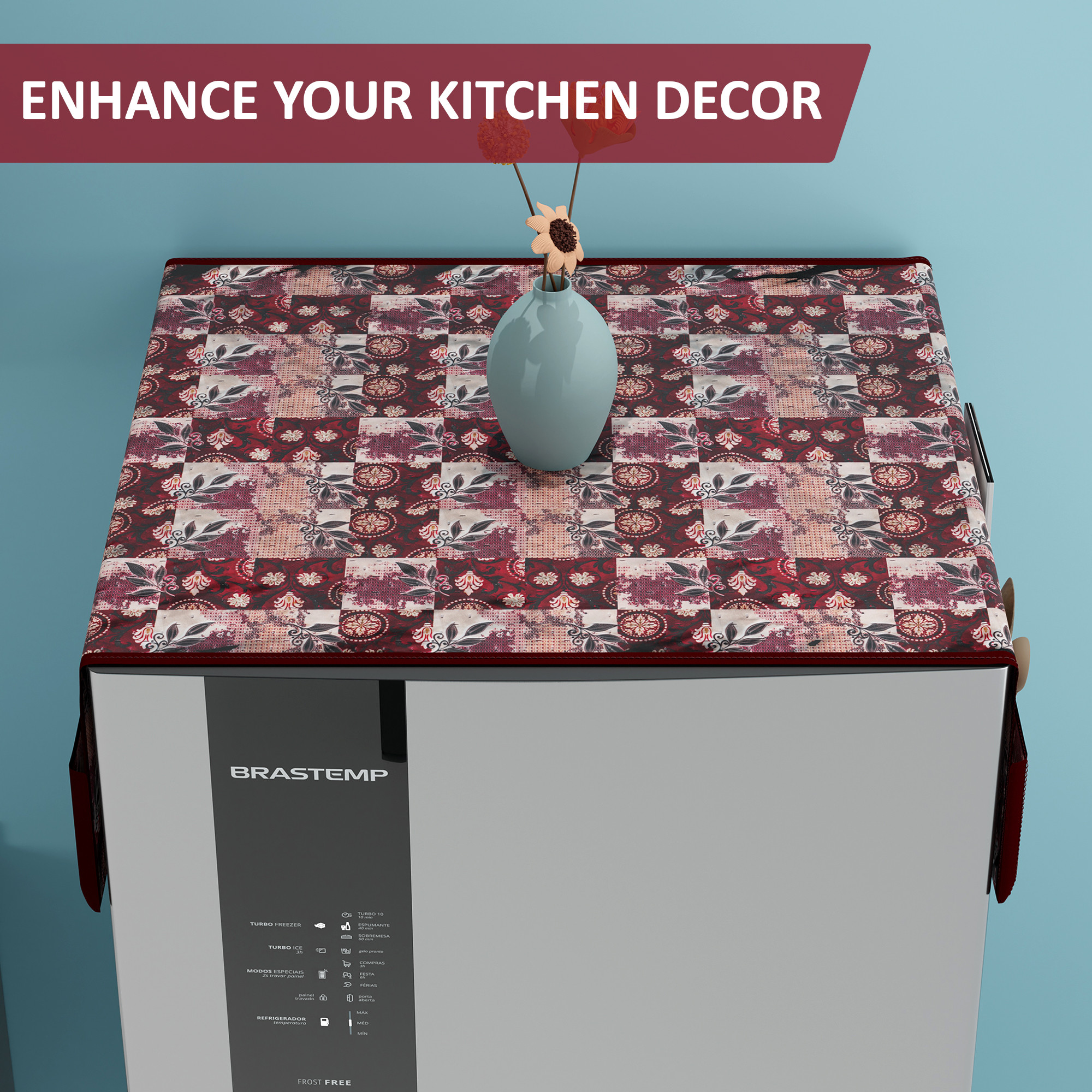 Kuber Industries Polyester Fridge Cover Top Single door with 6 Utility Side Pockets for Kitchen Accessories  Decorative Refrigerator Top Covers  Flower Check Ultra Sonic Quilted - Maroon