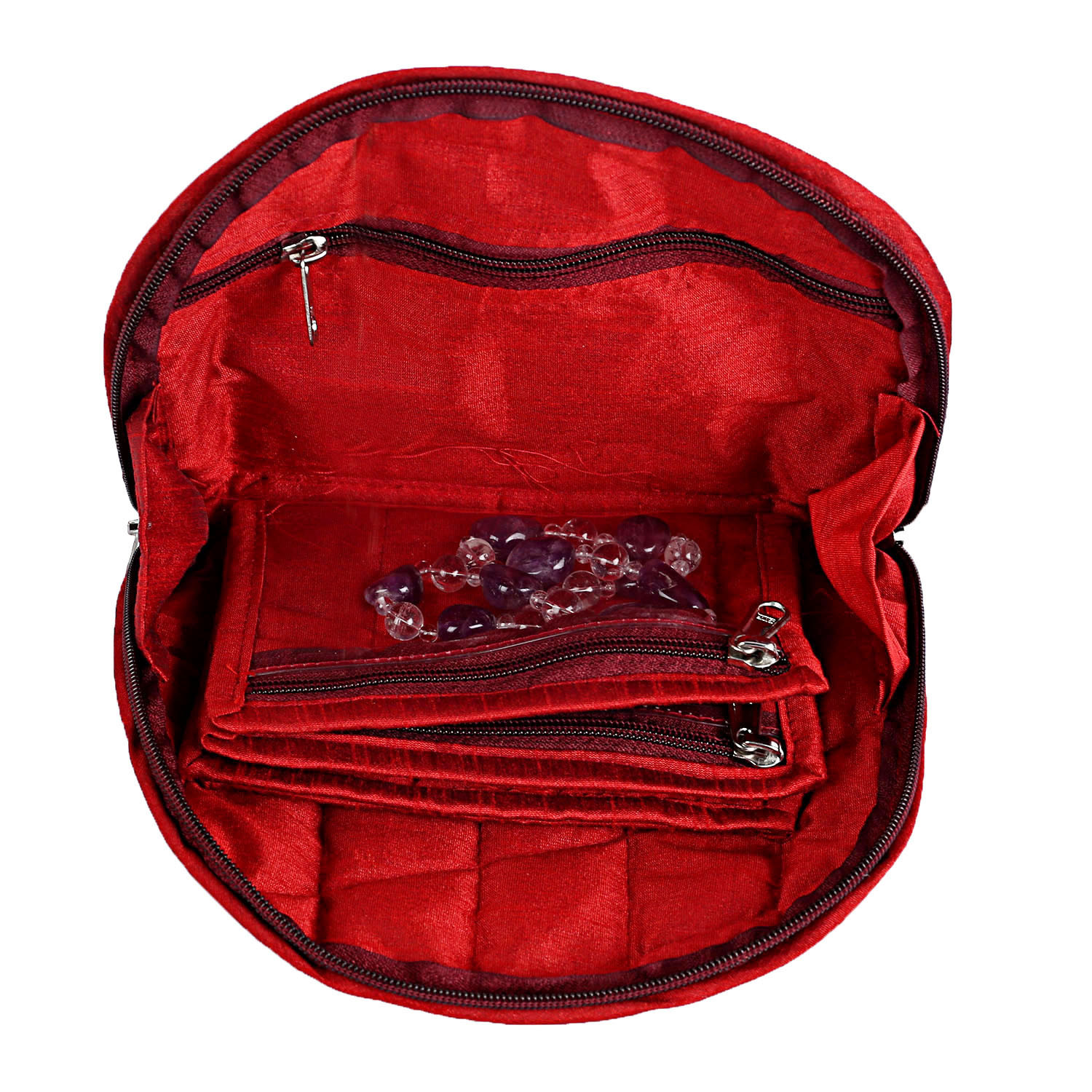 Kuber Industries Polyester Jacquard Print Toiletry Organizer With 4 Transparent Poches & 1 Extra Compartment,Zipper Closure (Red)