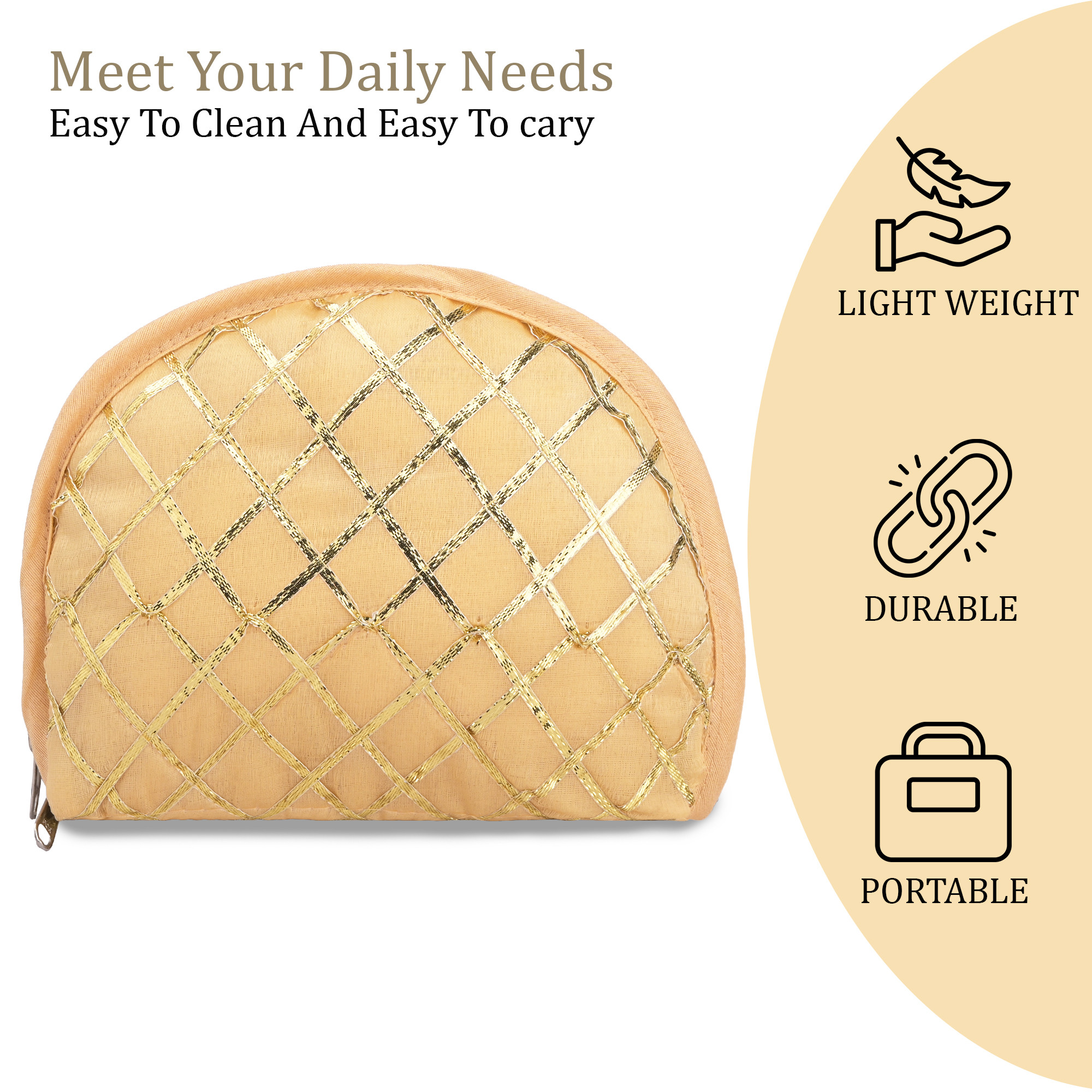 Kuber Industries Polyester Jewellery Kit with 4 Transparent Pouches  Foldable Jewellery Organisers Bag for Necklaces Rings Earrings  Bracelets  Check Gota D Print - Golden