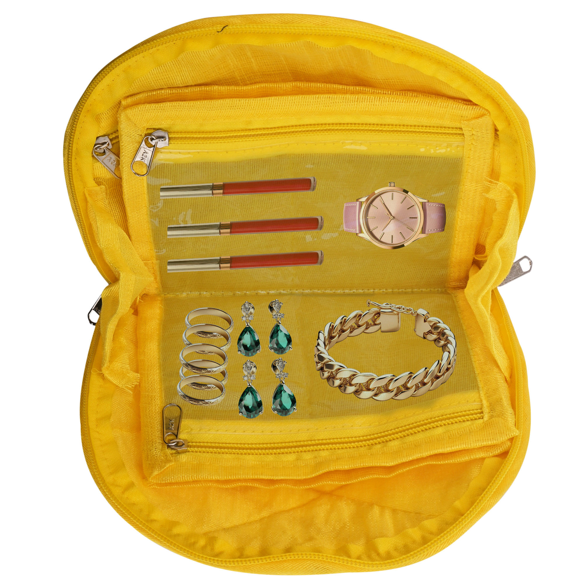 Kuber Industries Polyester Jewellery Kit with 4 Transparent Pouches  Foldable Jewellery Organisers Bag for Necklaces Rings Earrings  Bracelets  Check Gota D Print - Yellow