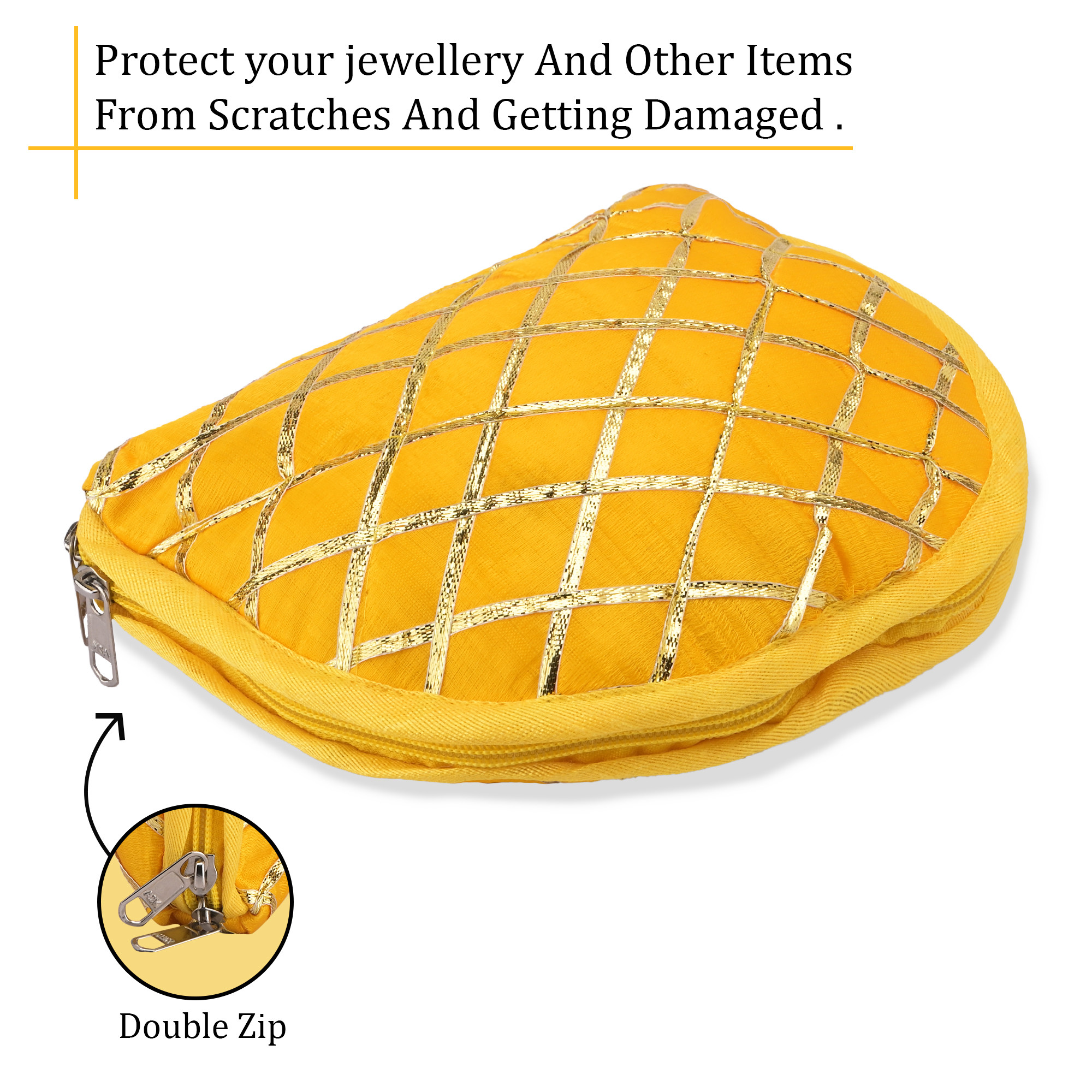 Kuber Industries Polyester Jewellery Kit with 4 Transparent Pouches  Foldable Jewellery Organisers Bag for Necklaces Rings Earrings  Bracelets  Check Gota D Print - Yellow