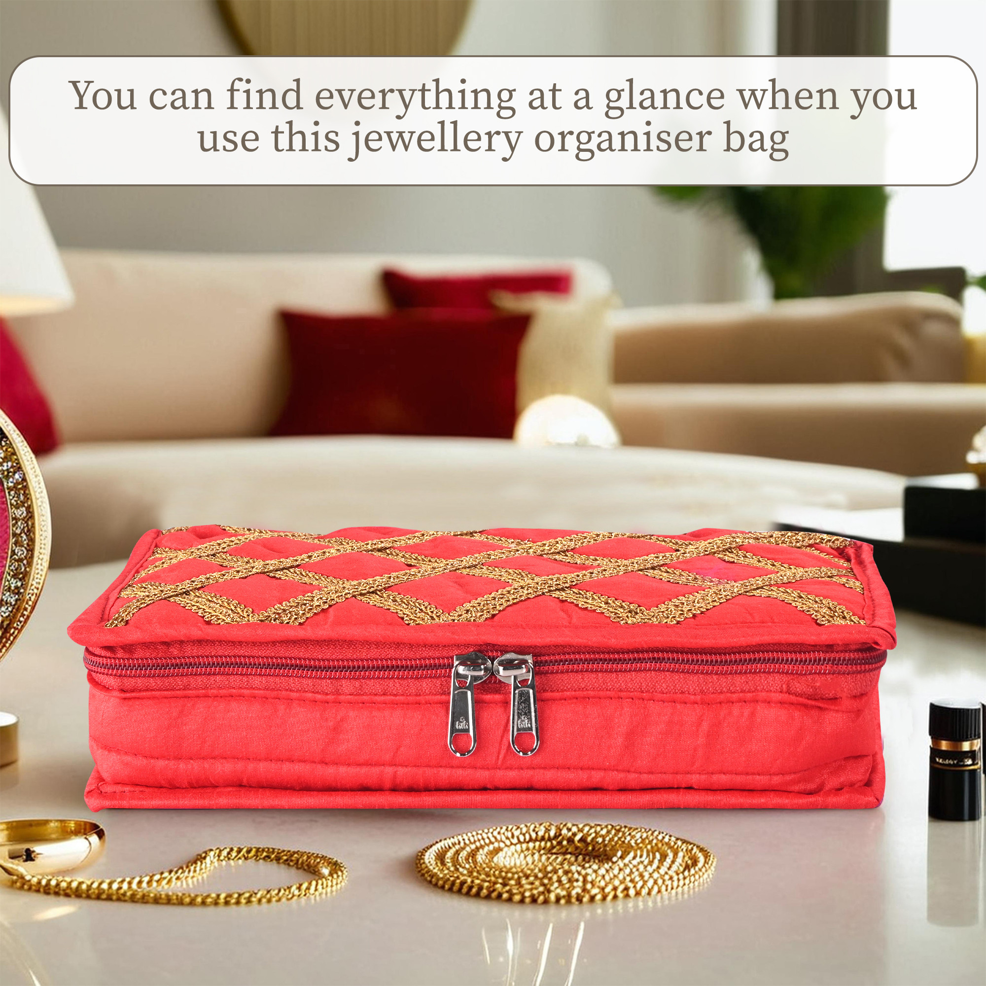 Kuber Industries Polyester Jewellery Pouches for Storage with 4 Compartments  1 Bangle Roll  Jewellery Kit  Bag  Organiser for Women  Check Gota Lace Print - Red