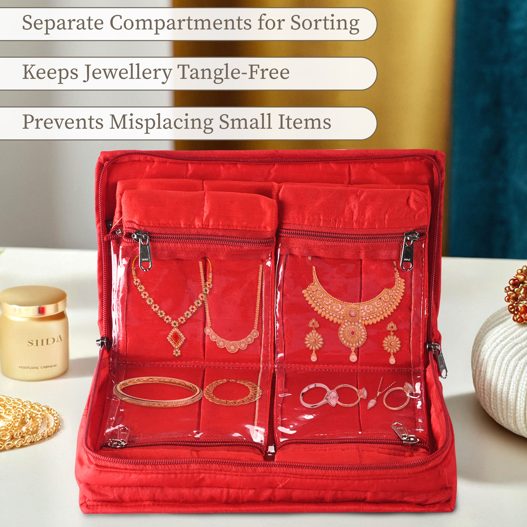 Kuber Industries Polyester Jewellery Pouches for Storage with 4 Compartments  1 Bangle Roll  Jewellery Kit  Bag  Organiser for Women  Check Gota Lace Print - Red