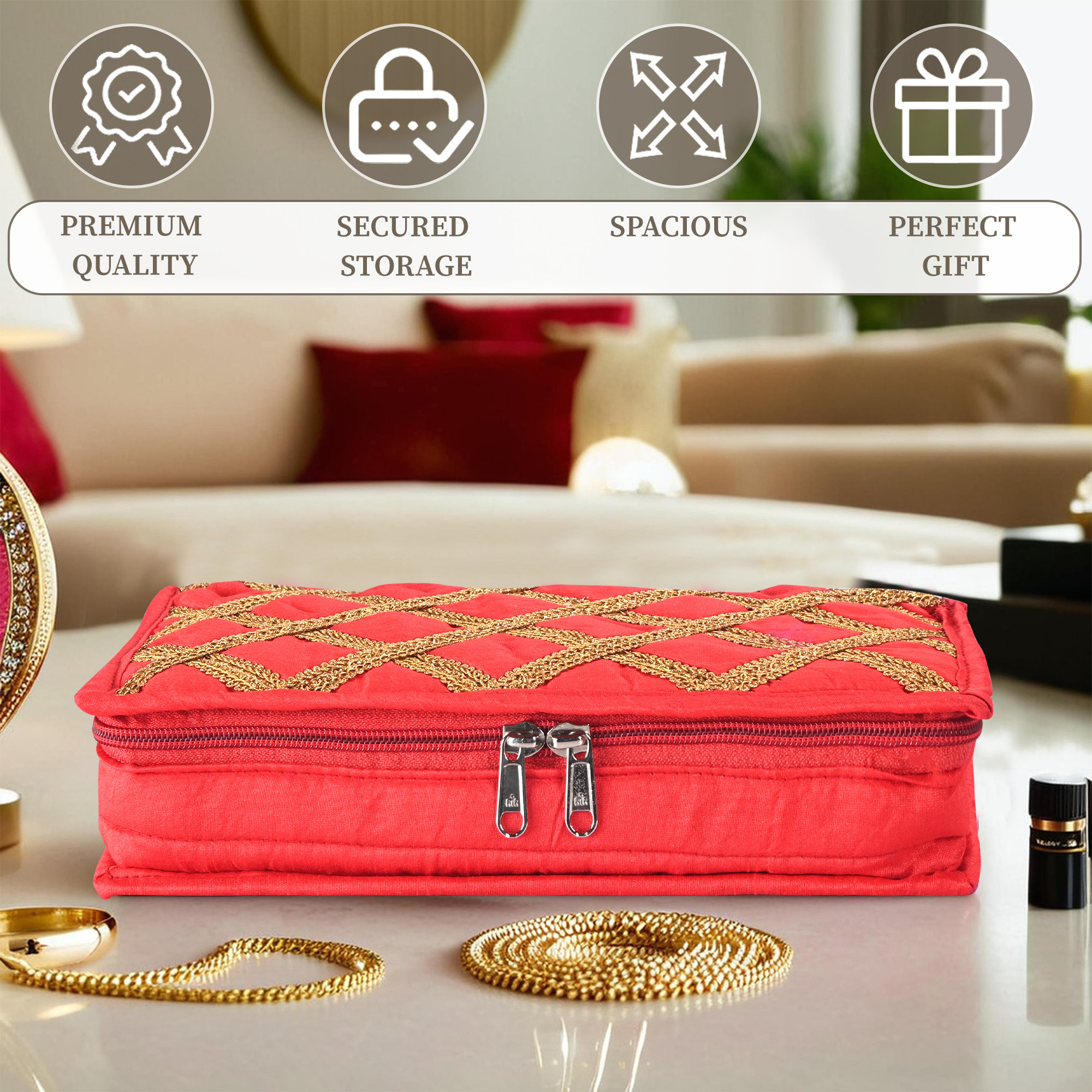 Kuber Industries Polyester Jewellery Pouches for Storage with 4 Compartments  1 Bangle Roll  Jewellery Kit  Bag  Organiser for Women  Check Gota Lace Print - Red