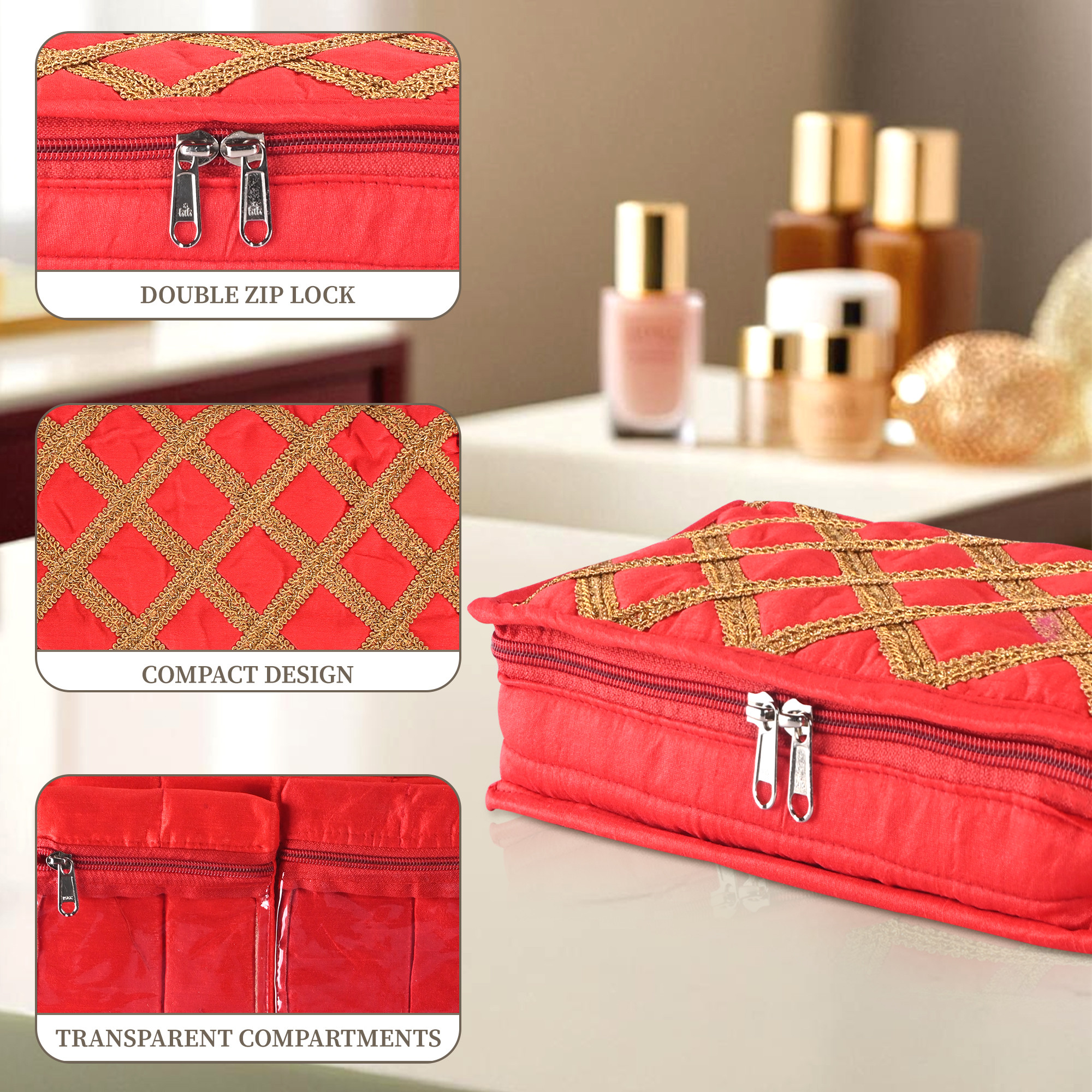 Kuber Industries Polyester Jewellery Pouches for Storage with 4 Compartments  1 Bangle Roll  Jewellery Kit  Bag  Organiser for Women  Check Gota Lace Print - Red